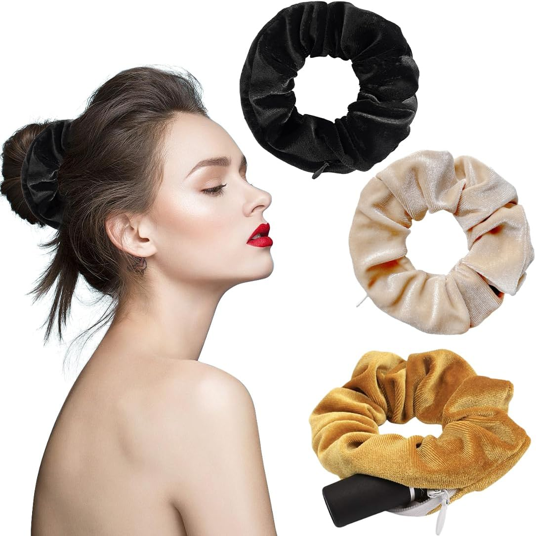 Pack of 3 Women'S Velvet Scrunchies with Zip Pocket, Girls Elastic Cable Elastics, Scrunchies Hair Scrunchies with Hidden Zip Pocket, Hair Bands for Girls and Women image number 4