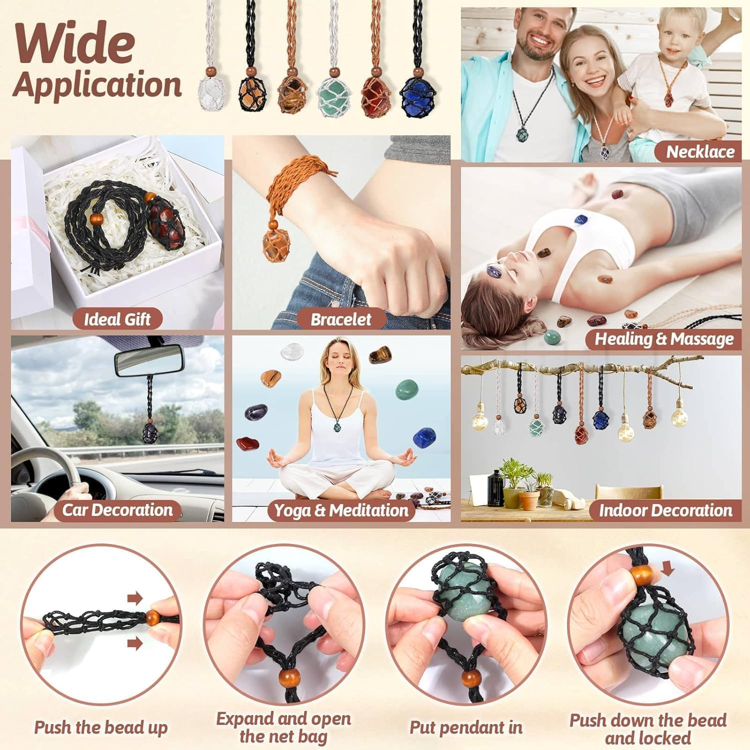 Crystals Necklace Holders and Healing Stones Set, 3Pcs Adjustable Crystal Cage with 7 Chakra Crystals and Healing Stones for Yoga, Meditation, Jewelry Gift and Home Decor, Assorted Size, Stone image number 3