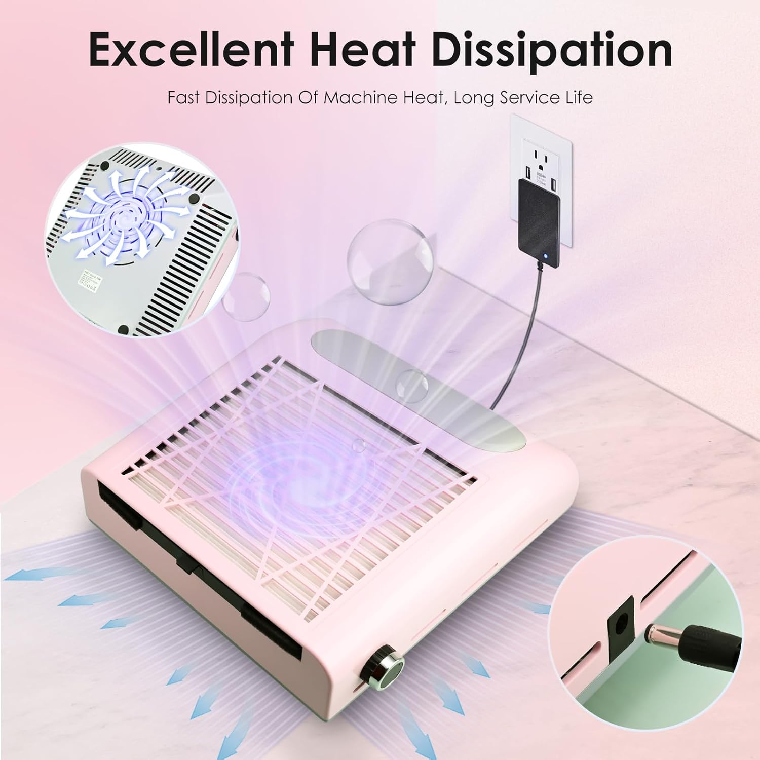 Nail Dust Collector Nail Tech, 80W Powerful Suction Nail Extractor Vacuum with Reusable Filter & Brush, Adjustable Electric Nail Fan Dust Vacuum for Acrylic Gel Nail Polishing Manicure Tool Pink - White image number 3