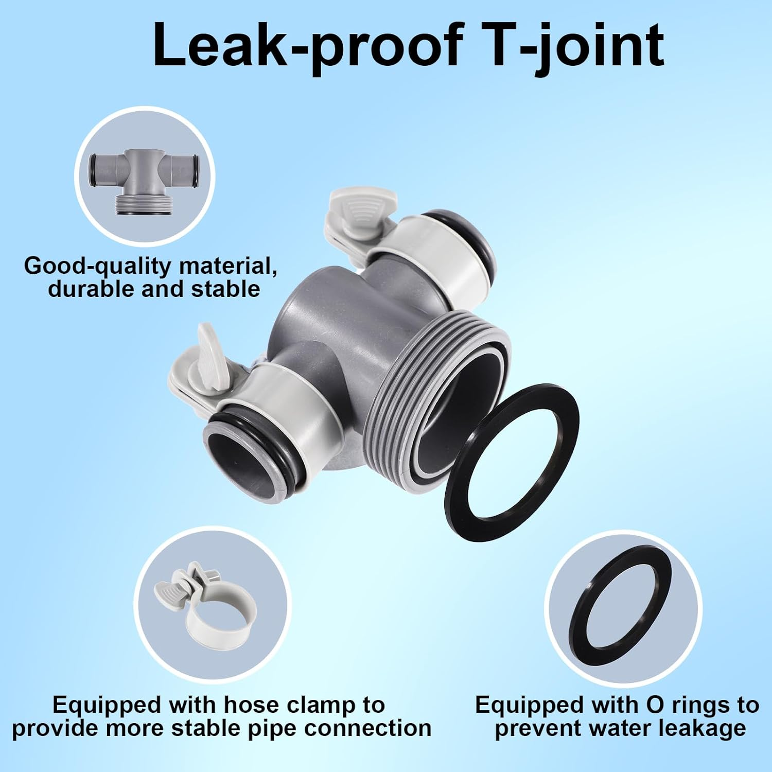 3Pcs Pool T Joint Set Compatible with Coleman & Intex P61408, 1.25In to 1.5In Pool Hose Connector with O Rings and Hose Clamps for Filter Pump Replacement Accessories image number 2