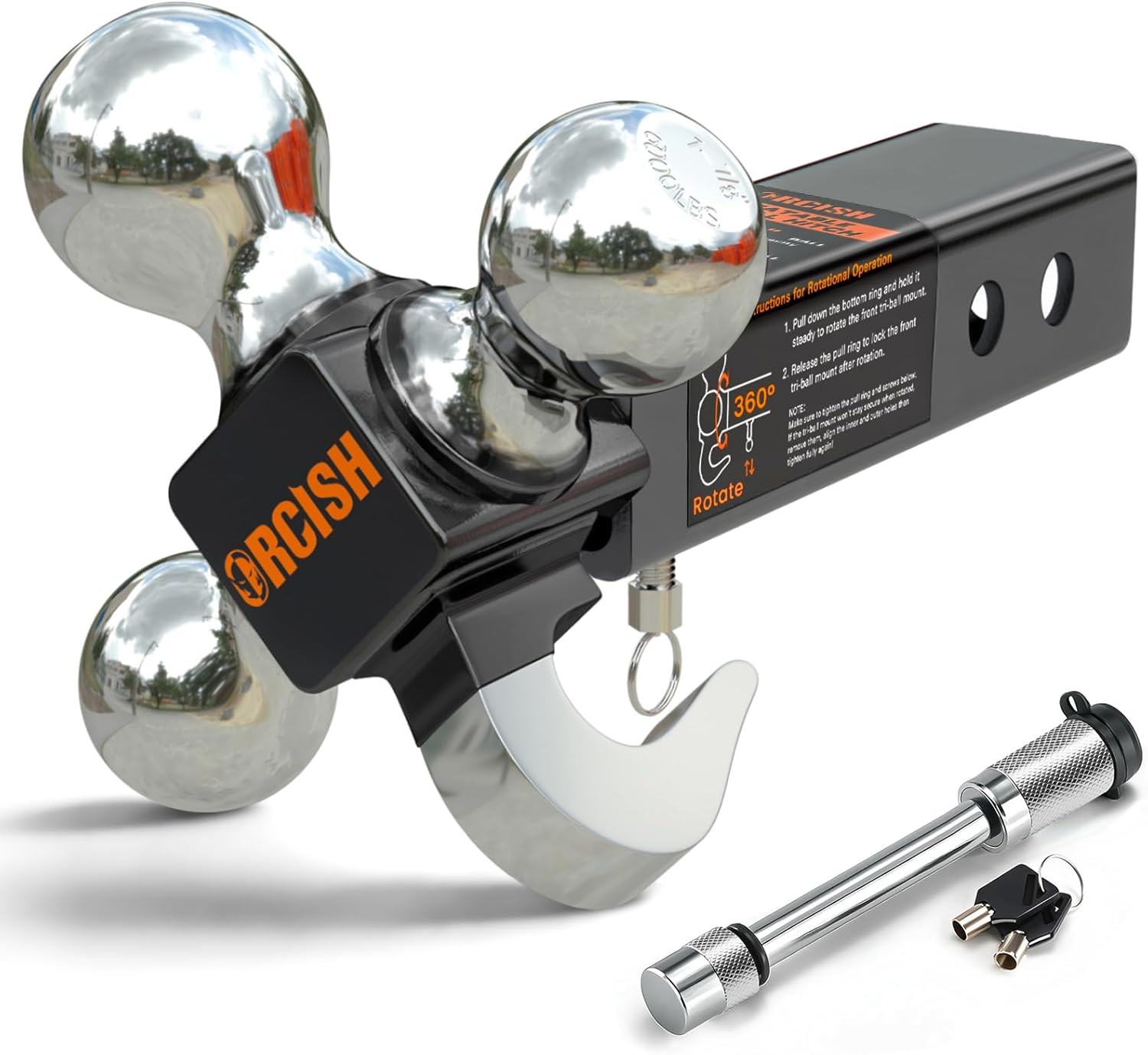 ORCISH Trailer Hitch Tri-Ball Mount with Hook & Pin, Trailer Ball Size 1-7/8", 2" and 2-5/16", Fit 2 Inch Hitch Receiver, 2/3 in 1 Ball Truck Hitch, Tow Hitch