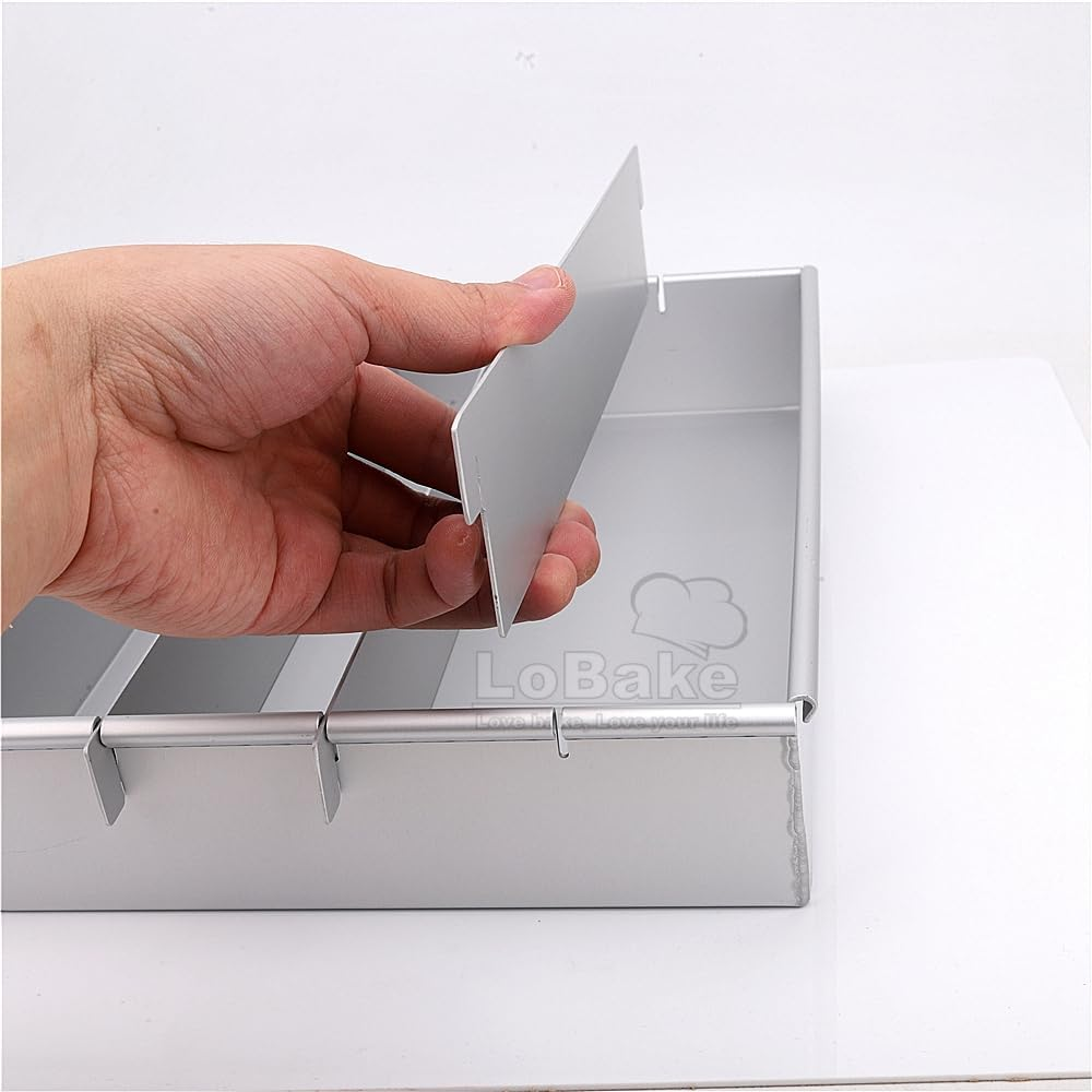 Lobake Adjustable Rectangle Shape Aluminium Alloy Battenberg Cake Mold Dessert Bread Pan Chiffon Tin with Dividers DIY Baking Supplies (Big Size 12 * 8 Inch)