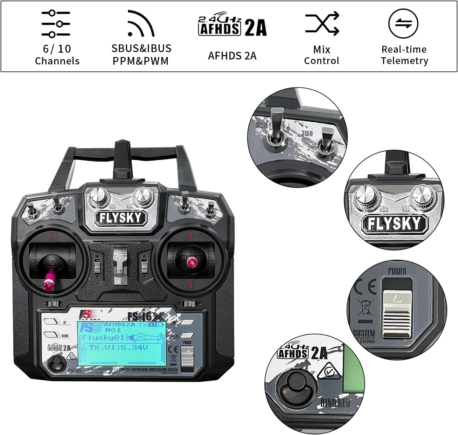 HAWK'S WORK Flysky Fs-I6X 10Ch Transmitter with Fs-Ia6B Receiver, 2.4Ghz RC Controller for RC Car Boat Airplane Helicopter Drone Robot & Construction Vehicle (Mode 2) image number 5