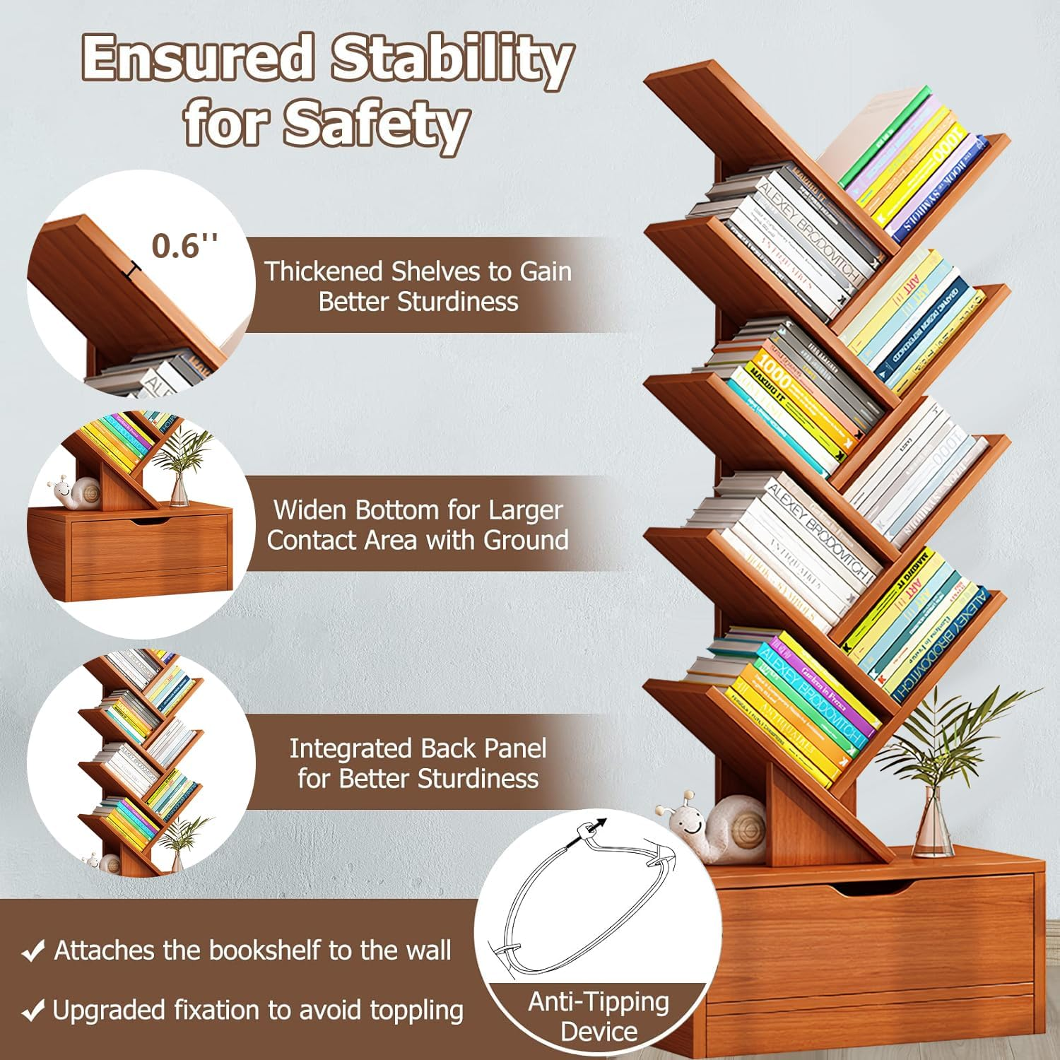 10 Tier Tree Bookshelf with Drawer,Floor Standing Bookshelf, Tall Wood Book Storage Rack with Anti-Fall Device and Heightened Baseand, for Living Room, Bedroom, Office image number 2