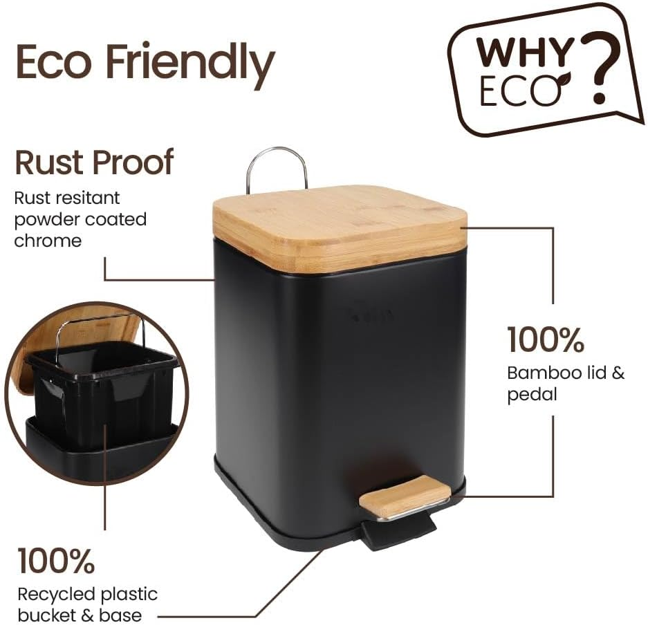 Eco Basics Rubbish Square Bin 3L, Black - Compact Bin with Recycled Plastic, Bamboo Lid & Pedal, Soft Close Quiet Operation, Space-Saving Design for Toilets, Living Rooms, & Small Spaces, 24X22X16Cm image number 2