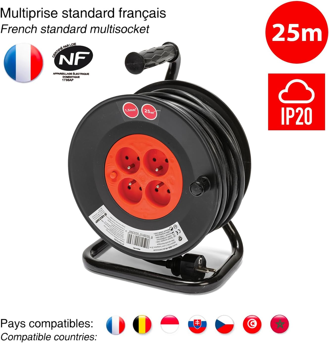 Velamp REEL-FR-15 15M Extension Cable with Reel 4 Sockets 16A Section 3G1.5Mm2 Black and Red image number 5