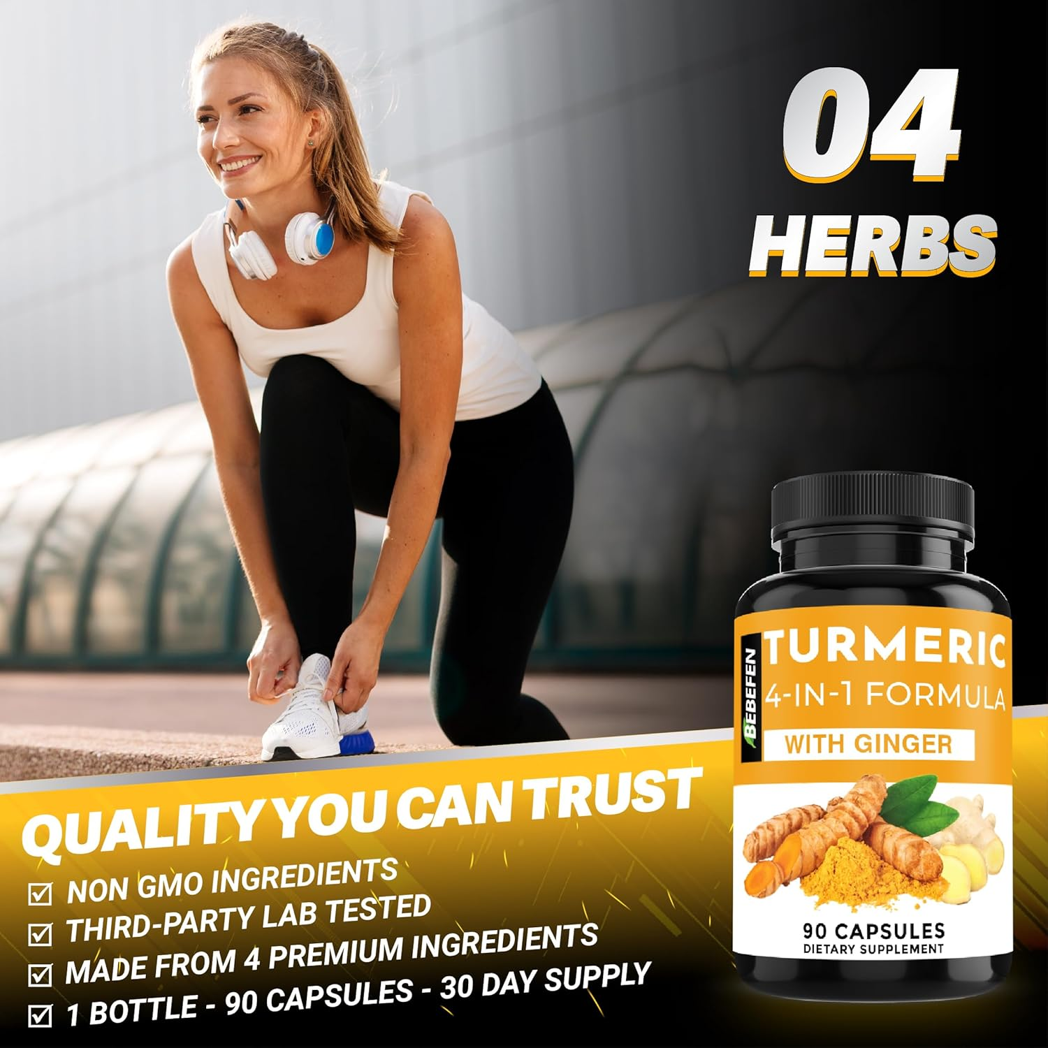 Turmeric Curcumin Supplement with Ginger | 95% Curcuminoids | and Black Pepper - 4In1 Turmeric Capsules - 90 Capsules image number 3