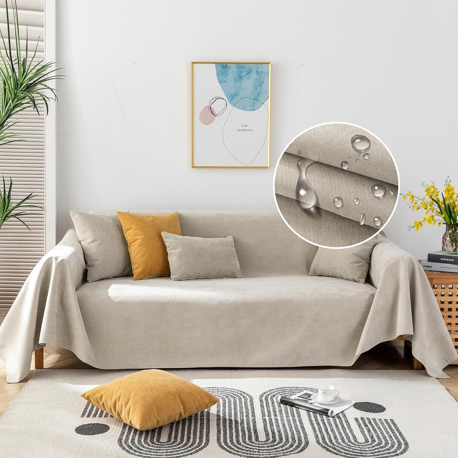 STACYPIK Waterproof Beige Sofa Cushion Covers Dog Couch Cover for 3-4 Cushion Couch Water Resistant Slipcover Furniture Protector Non-Slip Pet Protector Cover Leak Proof Couch Cover-71X134In