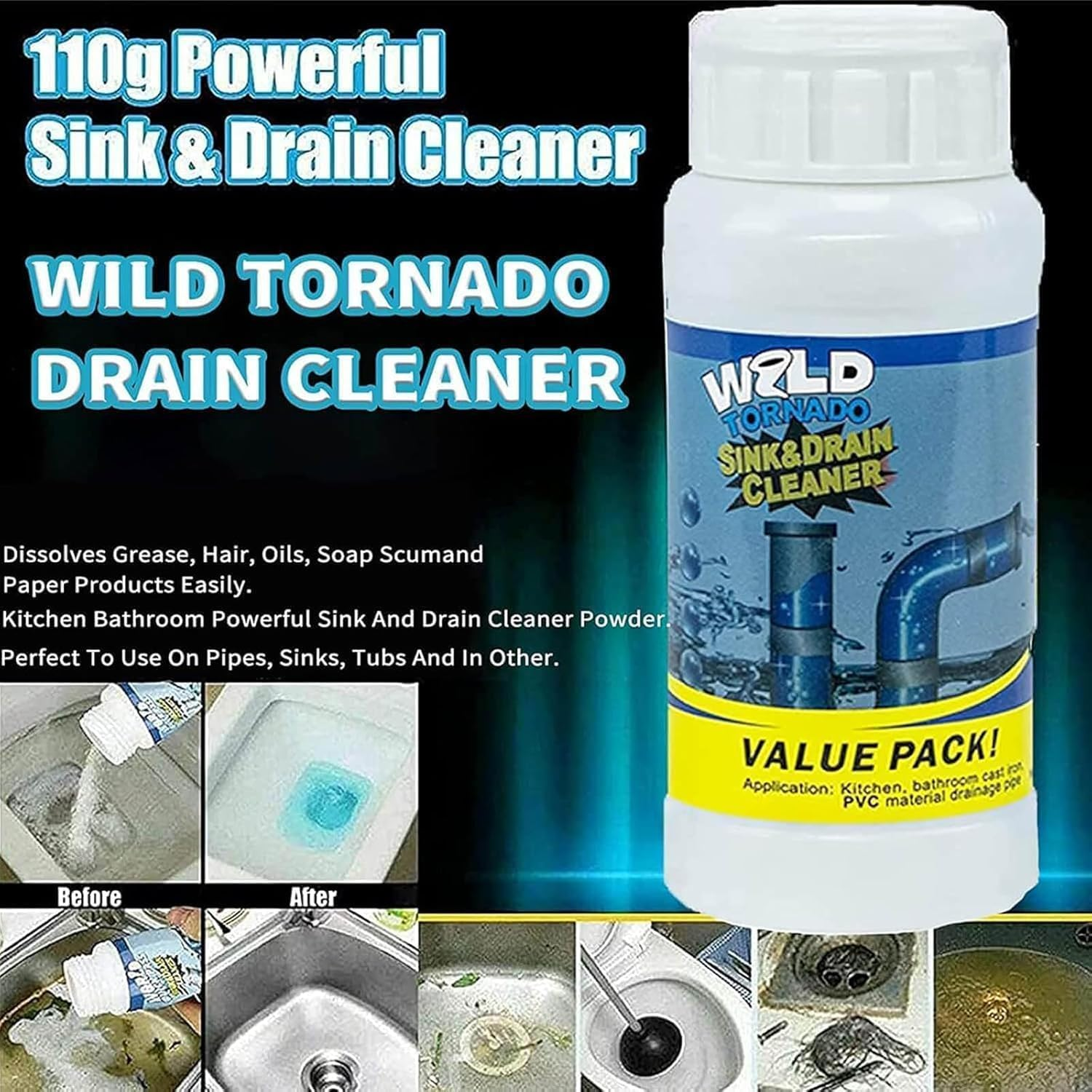 Acssart Drain Cleaner, Wild Tornado Sink and Drain Cleaner Powder, Wild Sink and Drain Cleaner, Pipeline Dredging Agent for Kitchen Bathroom, Powerful Fast Foaming Sink Drain Cleaner (1 Pcs)