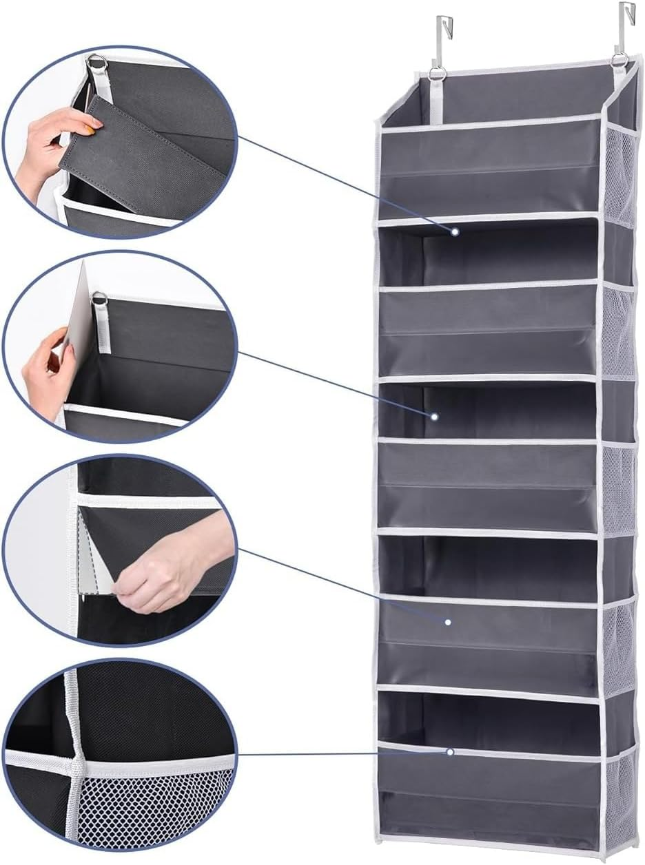 Maximize Space with 1 Pack over Door Organizer - 5 Large Pockets & 10 Mesh Side Pockets for Kids Toys, Shoes, Diapers - 44 Lbs Capacity in Dark Grey, 5 Layers with Clear Window! image number 5