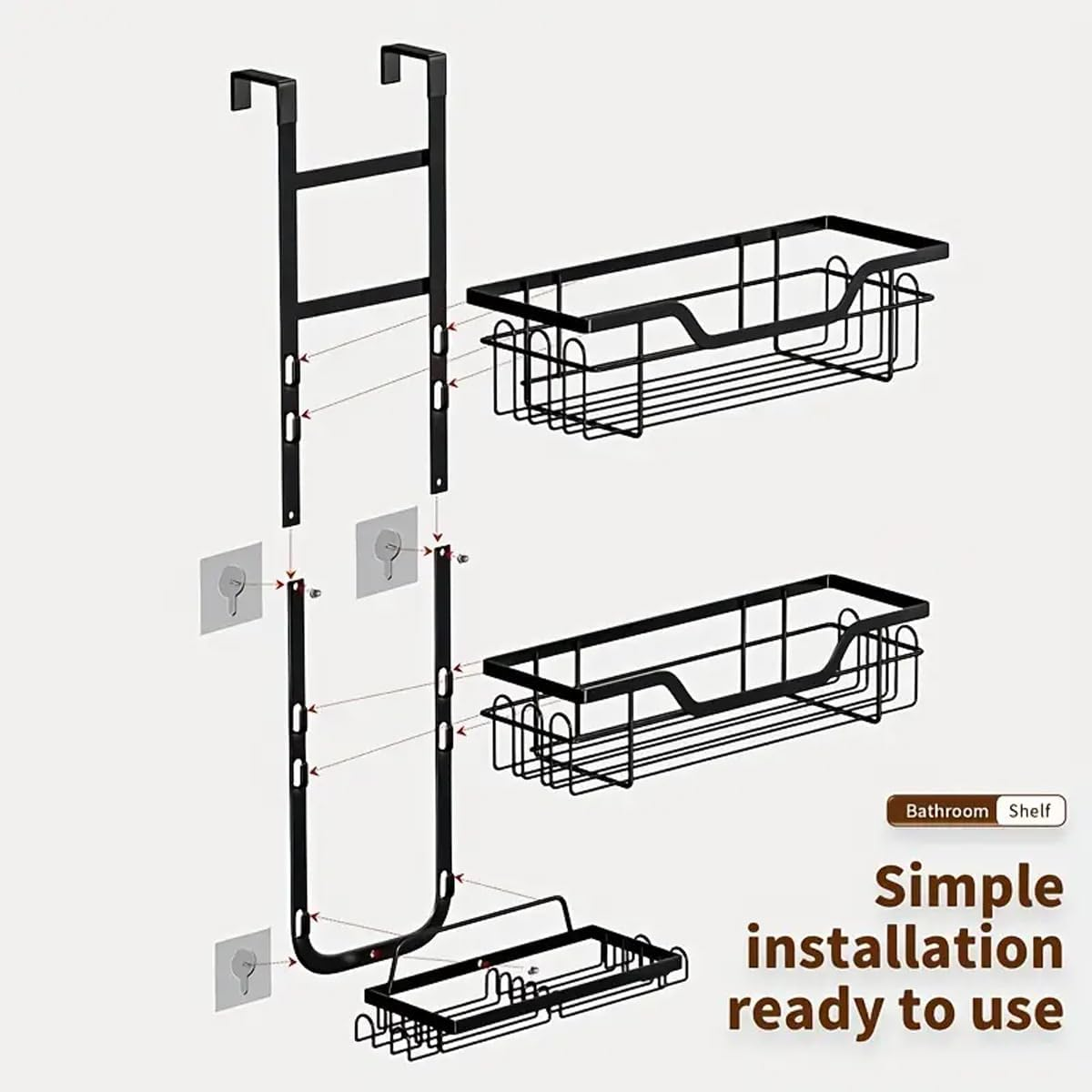 AIMALL 3-Tier Punch-Free Bathroom Storage Rack over Door Hanging Organiser Wall-Mounted Layered Shelf for Shower Room Toiletries and Accessories