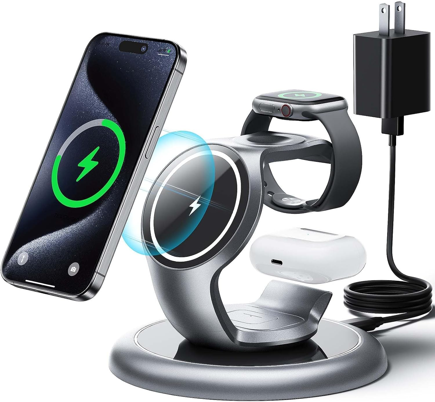 EXW 15W Wireless Charging Station for Magsafe Charger, 3 in 1 Wireless Charger for Apple, Fast Magnetic Charger Stand for Iphone 17/16/15/14/13/12, Apple Watch, Airpods (Silvergrey, with 20W Adapter) image number 6