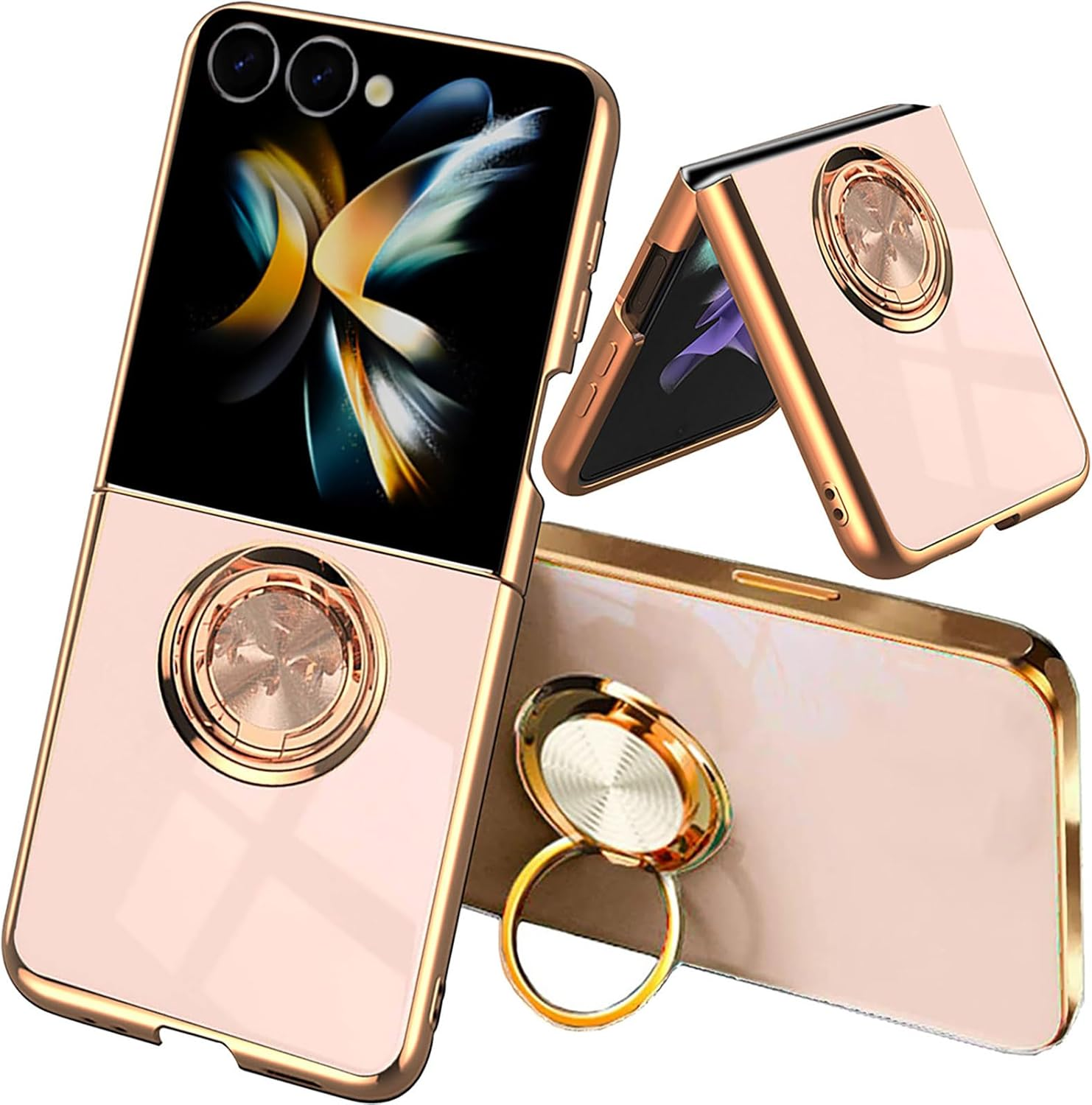 ILING Case for Samsung Galaxy Z Flip 7 5G (Z Flip7 5G) with 360 Degree Ring Stand, Luxury Galvanised Gold Trim, Soft TPU Silicone, Shockproof Protective Case, Ultra Thin Women'S Mobile Phone Case