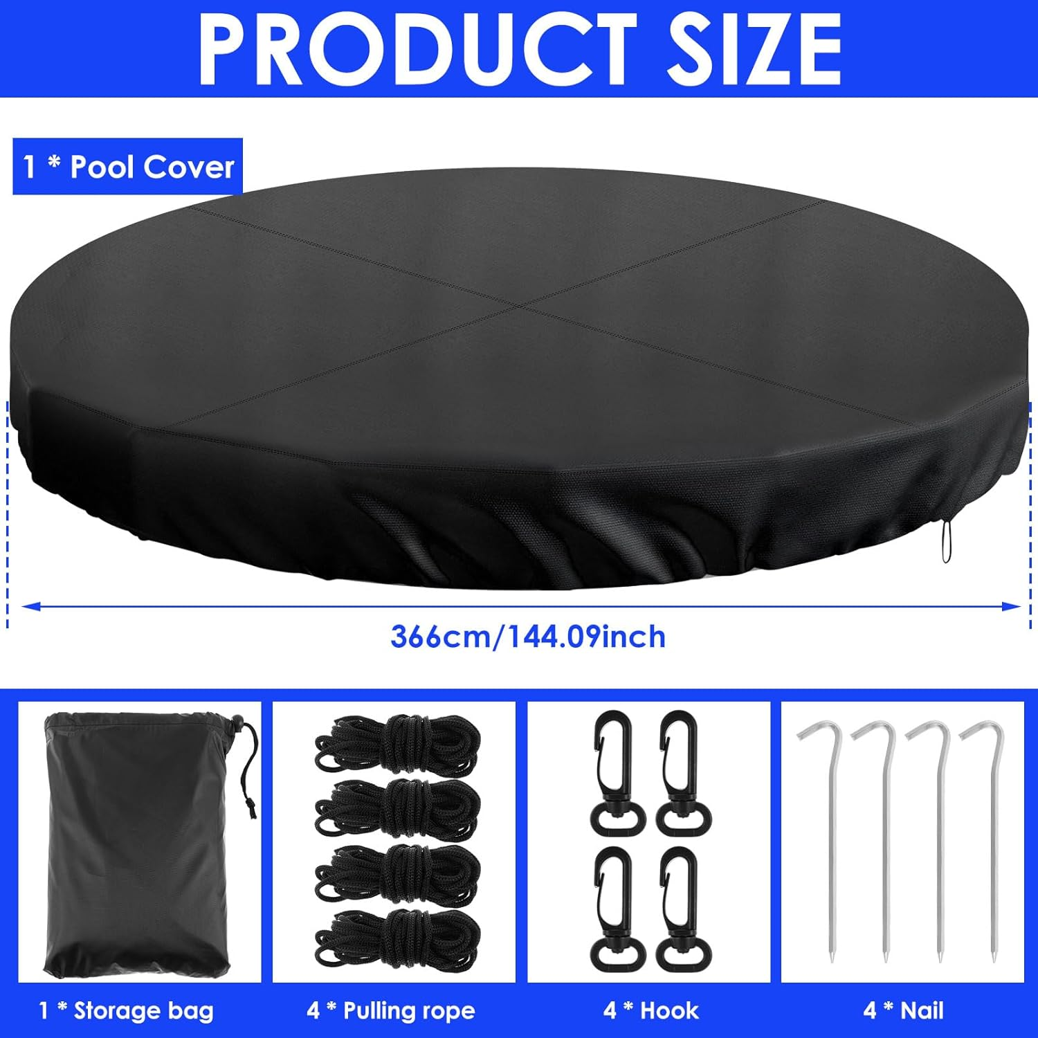 Fxvhojq round Pool Cover with Drawstring Design Sturdy 210D Oxford Cloth Inground Pool Cover Protector for Waterproof and Dustproof(Black,12 Feet) image number 3