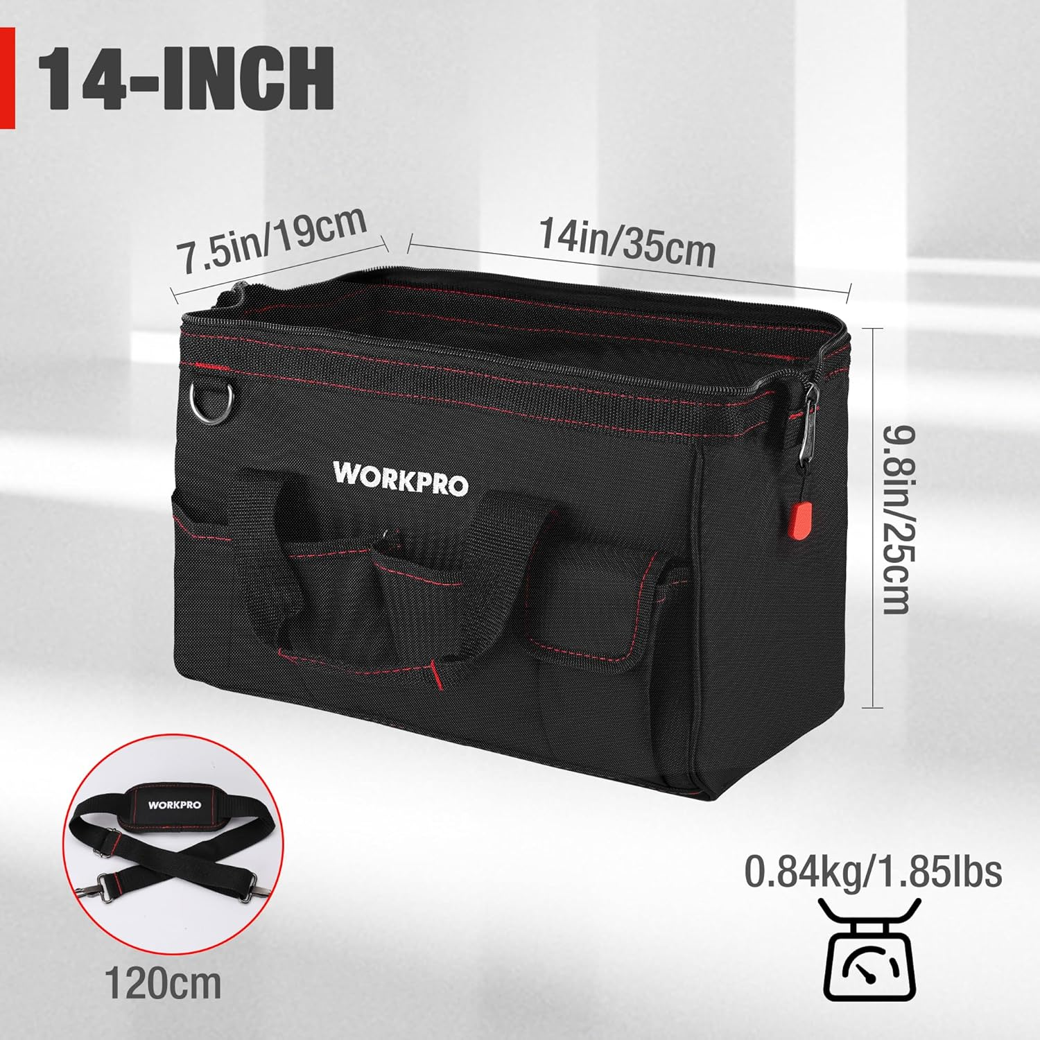 WORKPRO 14-Inch Tool Bag, Multi-Pocket Tool Organizer with Adjustable Shoulder Strap, W081021A, Black image number 1