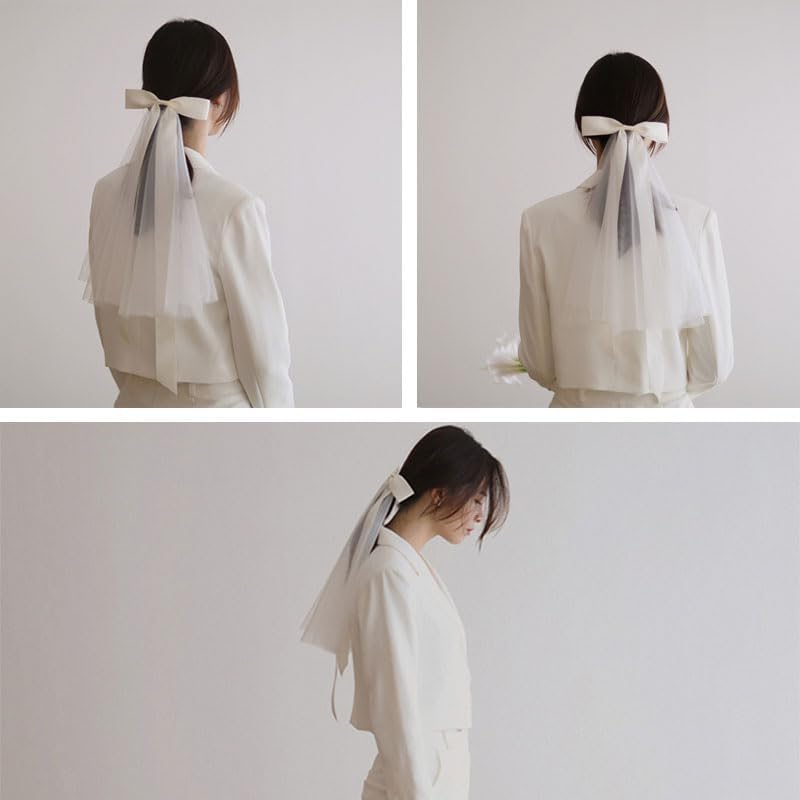 WADY Bridal Wedding Veil Hair Bows White Lace Ribbon Hair Clip Long Tail,Wedding Bow Veil White Pearl Hair Clip Tulle Bridal Hair Bow with Clip Bachelorette Party Accessories for Women and Girls image number 3