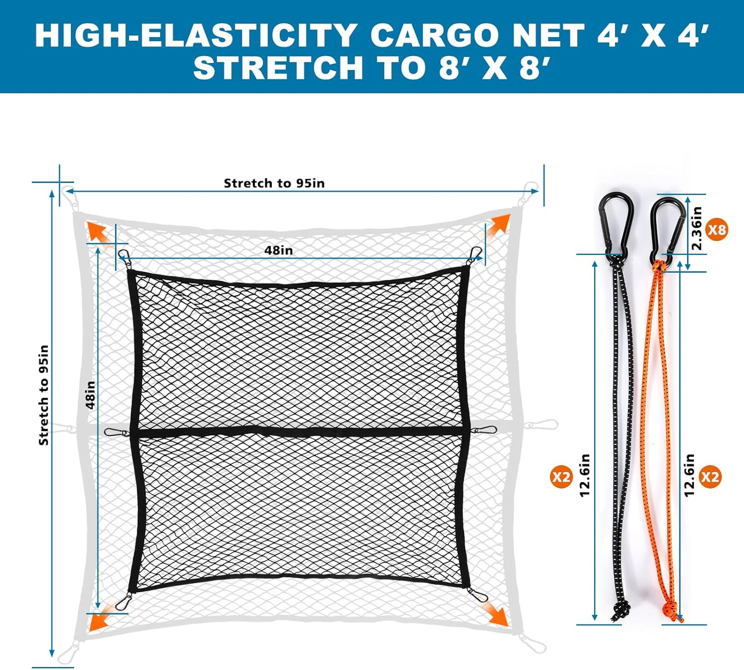 Juyverq Cargo Net for Pickup Truck Bed, Highly Elastic Truck Bed Cargo Net, 4' X 4' Stretchable to 8' X 8', Truck Bed Cargo Mesh Organizer, for Daily Light Loads of Trucks image number 2