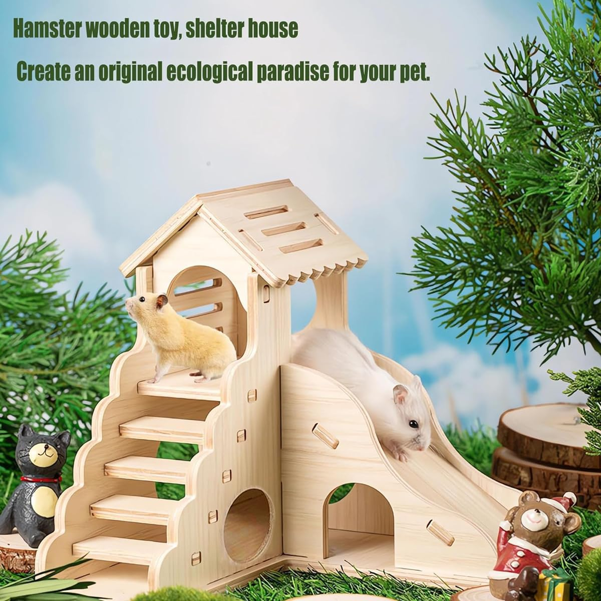 AIMALL Hamster Wooden Hideout House 17X17X16.6Cm Small Animal Villa Nest with Tenon Structure for Golden Bear Hedgehog Rutin Chicken Pet Toy Escape Shelter Habitat Decor