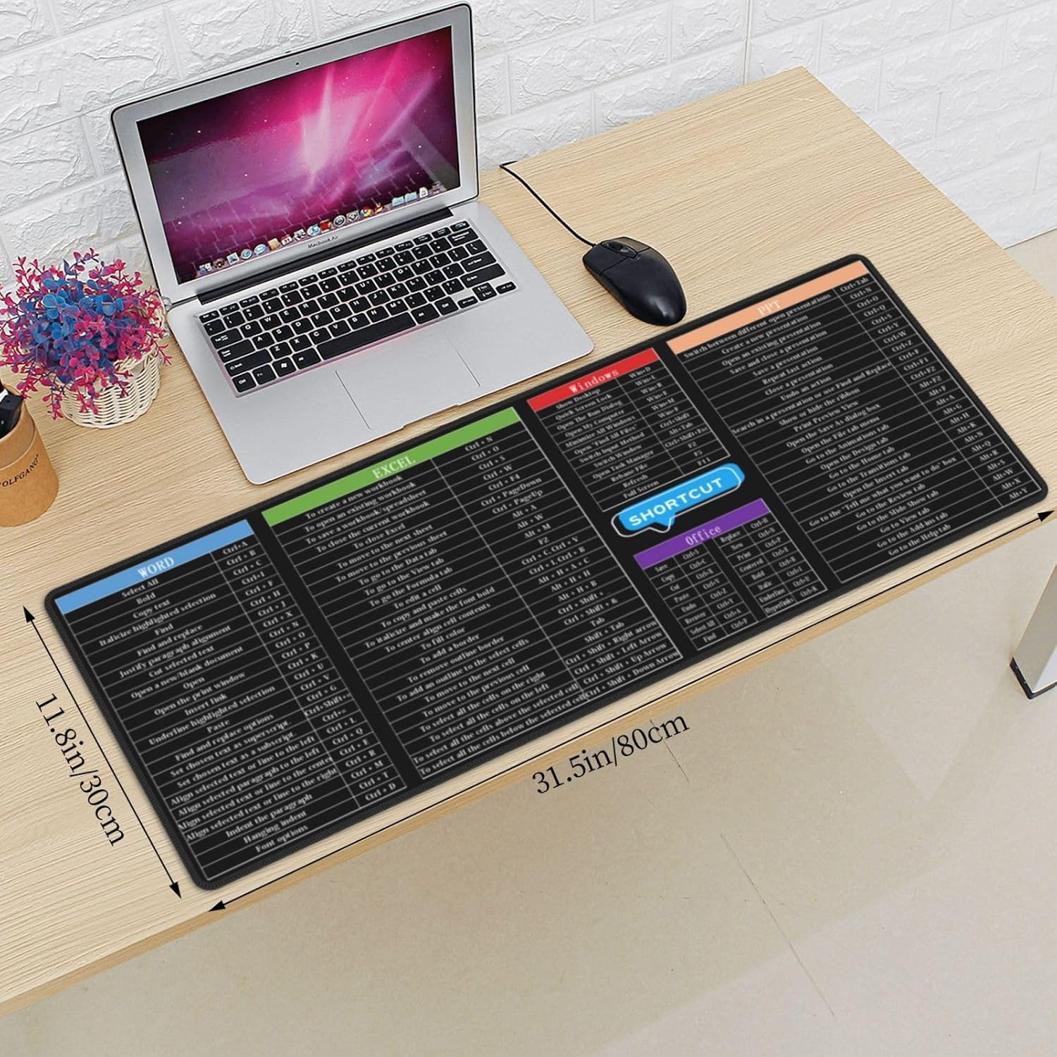 Computer Office Power Point Excel Word Short Cut Shortcuts Keys Gaming Keyboard Mouse Pad Mousepad Huge Extended XL Stitched Edge Rubber Sole for Home Office(31.5"X 11.8")