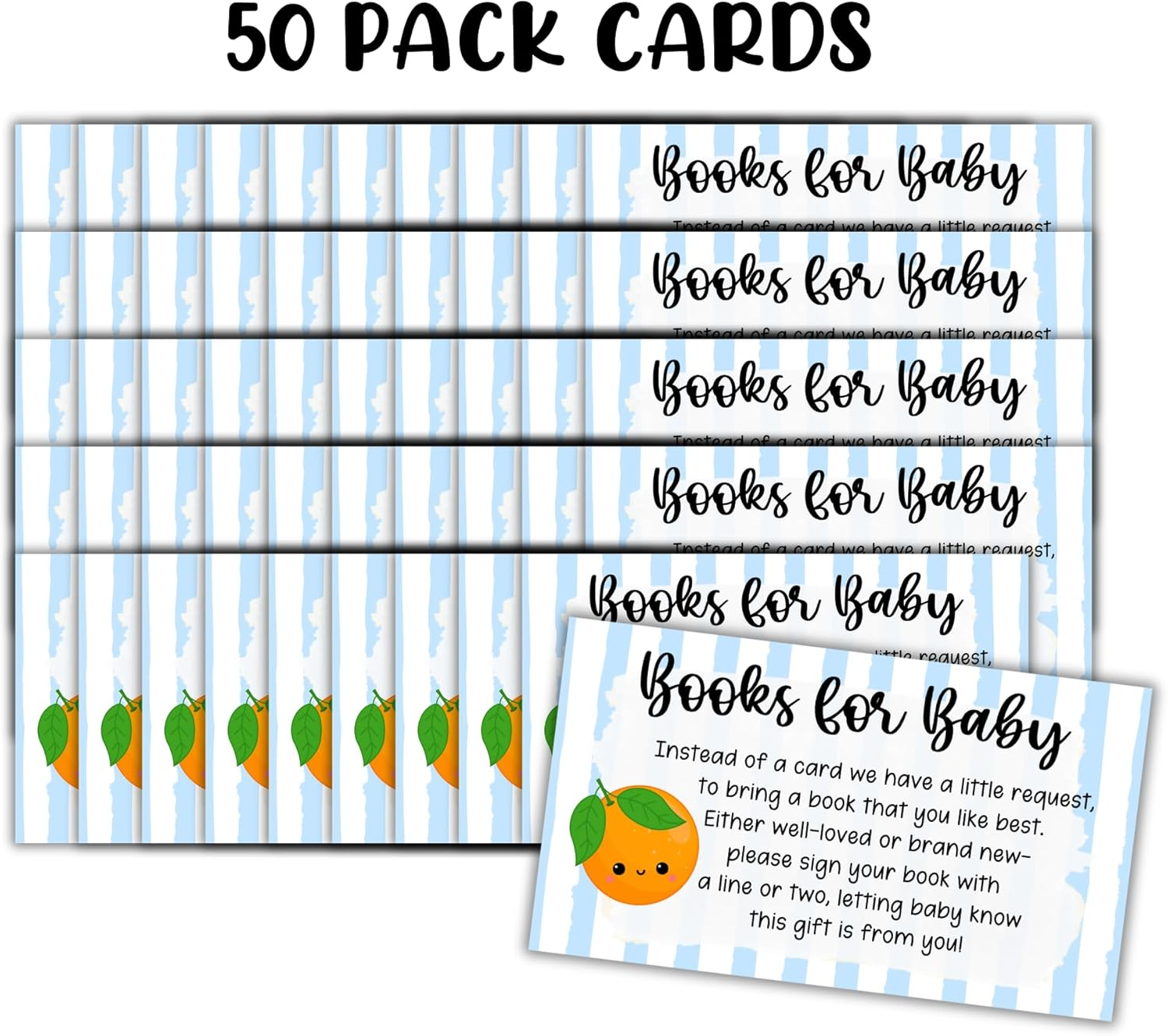 Little Cuties Oranges Books for Baby 50Pk 2X3.5&rdquo; Invitation Inserts Pop It When She Pops Blue Stripes Diaper Raffle Shower Label Tag image number 1