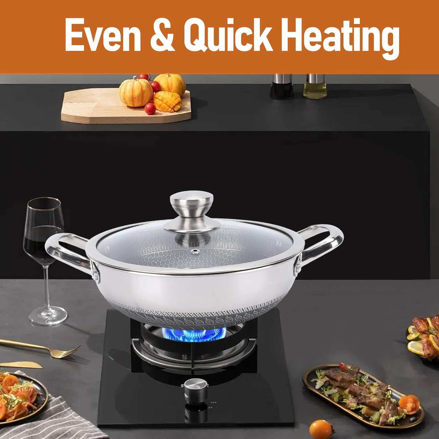 316L Stainless Steel Frying Pan, Hybrid Nonstick Induction Pan with Lid, Two Handle Hold, PFOA Free, Dishwasher Oven Safe, Paella Pan for Stir Fry/Toast/Roast/Bake/Stew, 26Cm image number 2