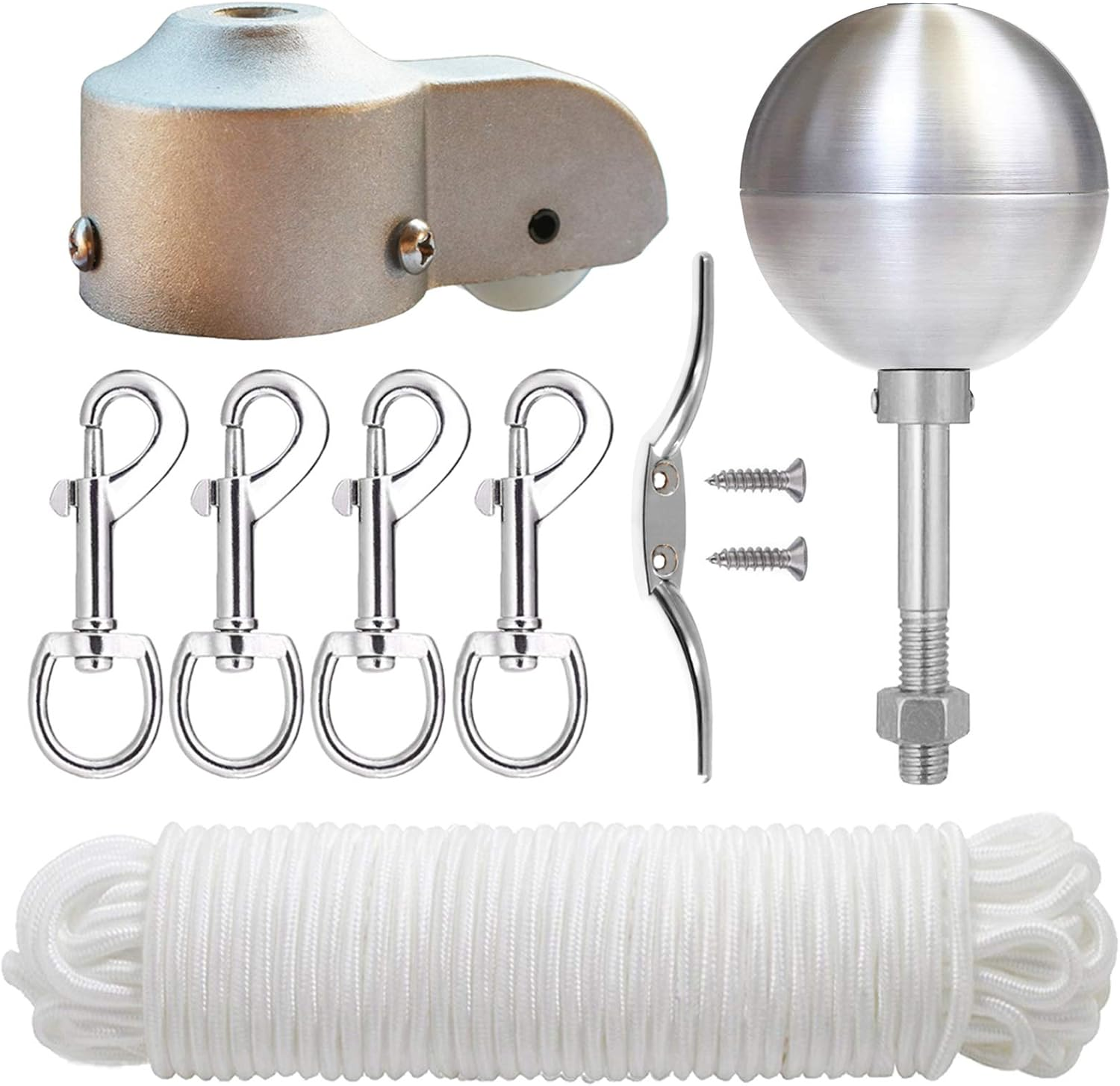 EKEV Flag Pole Hardware Parts Repair Kits - 3" Topper Gold Ball + 50 Ft Halyard Rope + 6" Cleat Hook + 4 Flag Swivel Snap Hooks + Flagpole Pulley Truck for 2" OD Tube image number 1