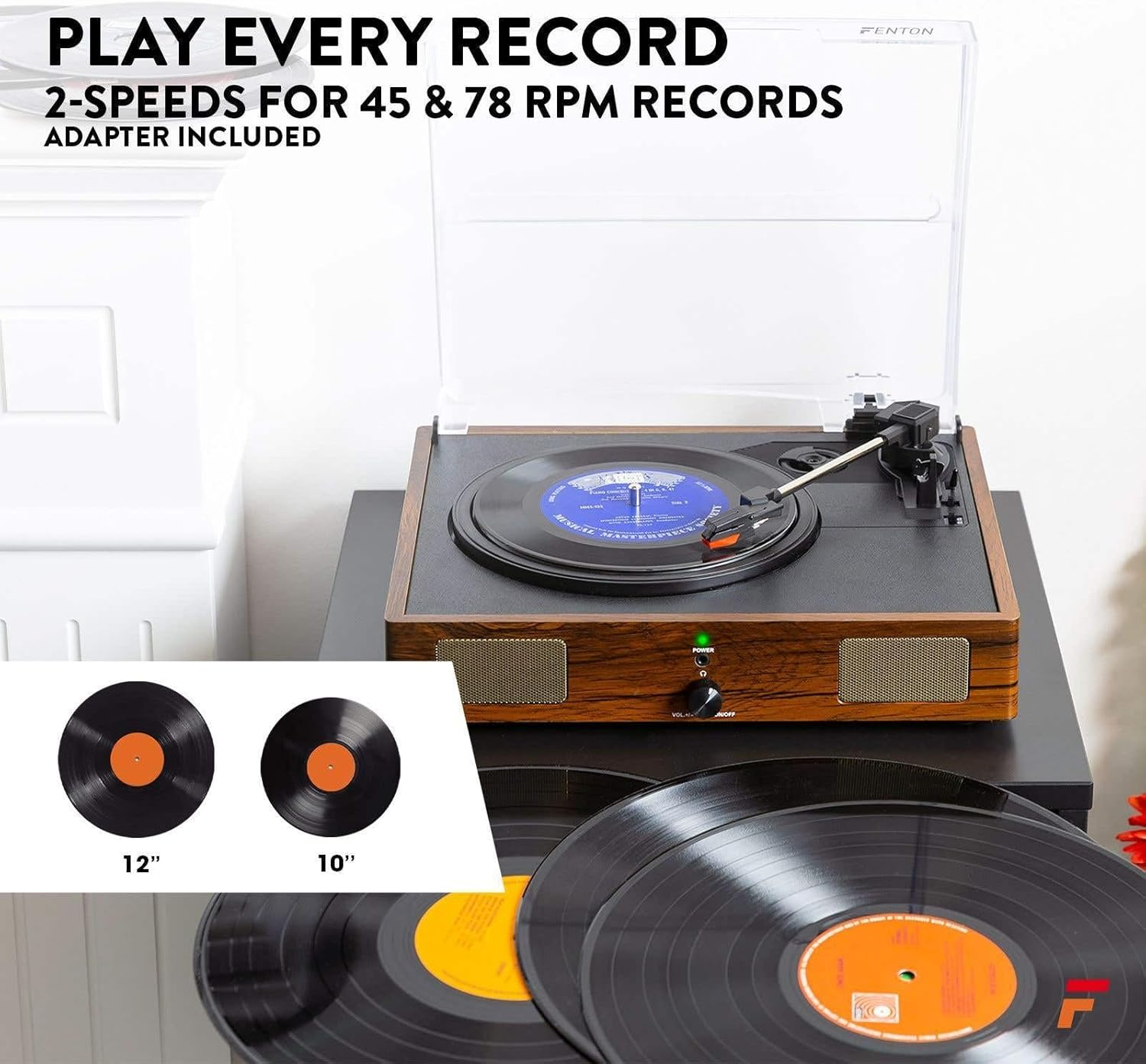 Fenton RP106W Record Player with Built-In Speakers, Vinyl to MP3 USB Conversion, Ceramic Cartridge, Wood image number 1