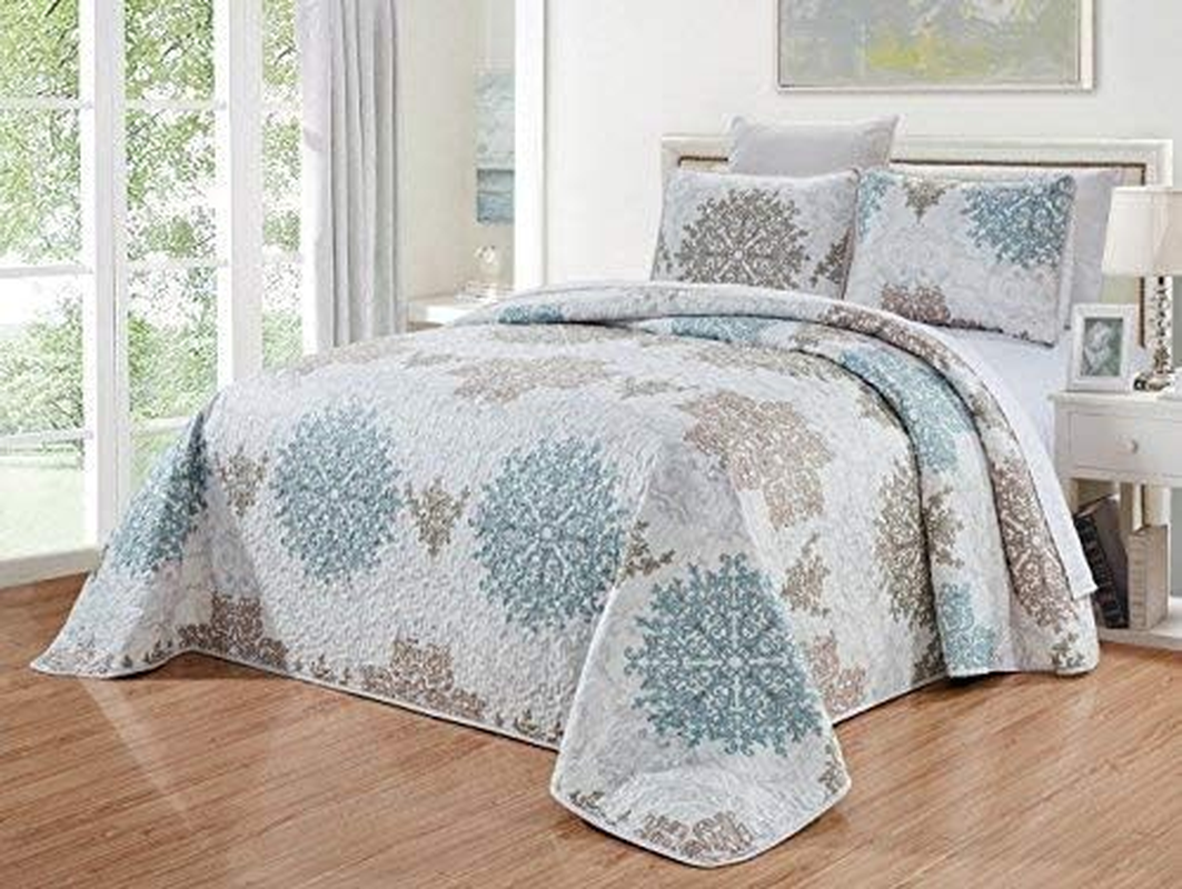 Grandlinen 3-Piece Fine Printed Oversize (100" X 95") Quilt Set Reversible Bedspread Coverlet Queen Size Bed Cover (Grey, Teal Blue, Medallion)