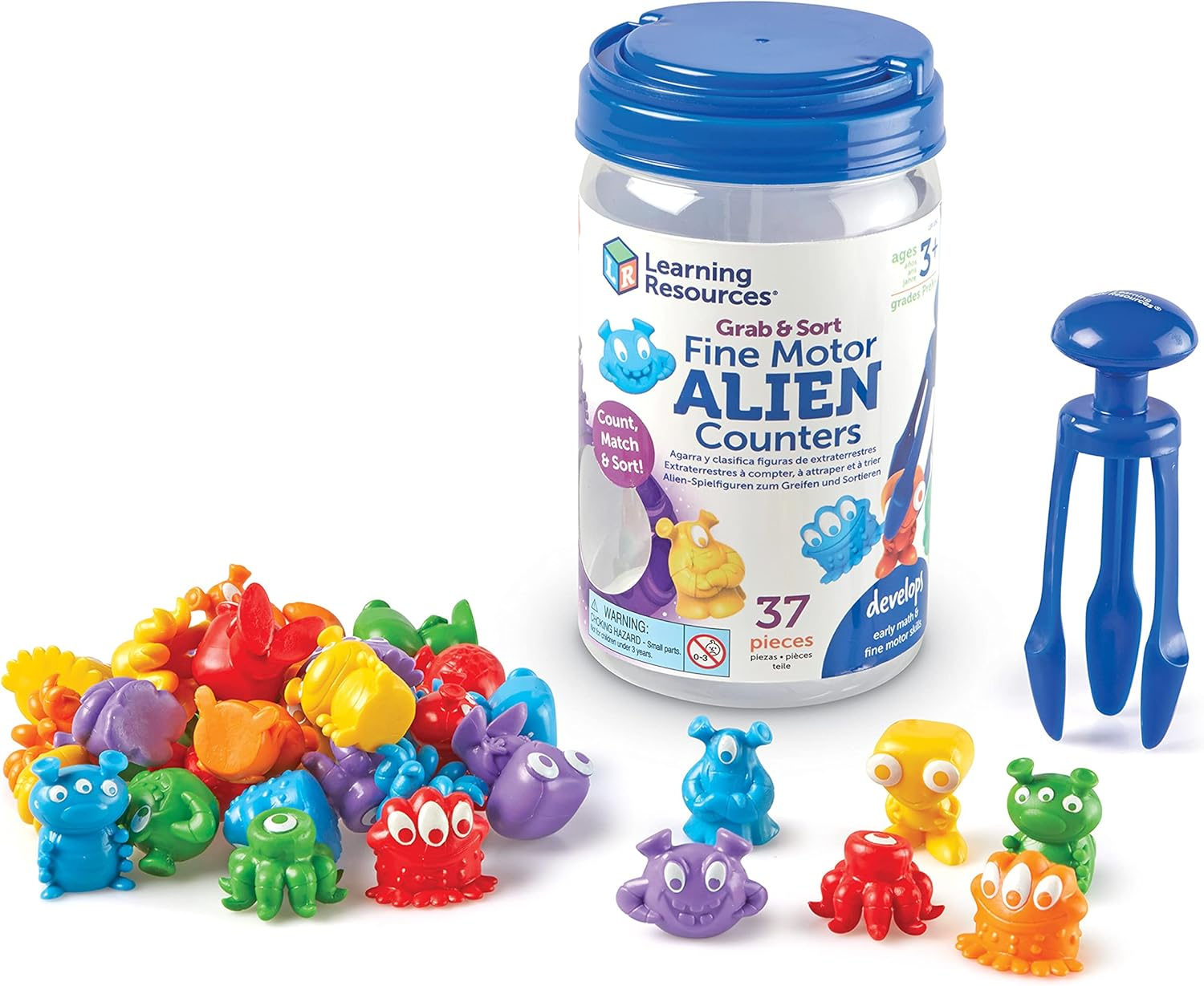 Learning Resources Grab & Sort Fine Motor Alien Counters, STEM Toys for Kids, Space D&eacute;cor, Preschool Fine Motor Skills, Prek Manipulatives, 37 Pieces, Age 3+, Multicolor image number 5