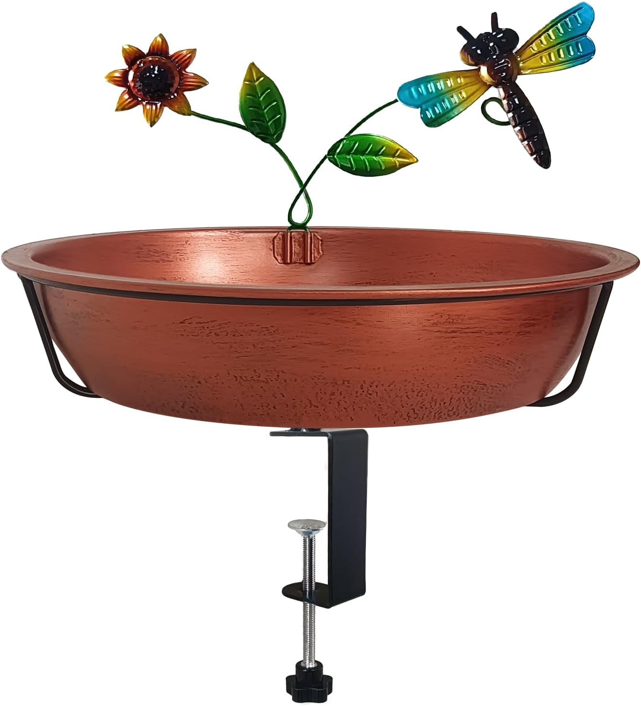 Deck Bird Bath for Outside, 13 Inch Large Antique Copper Metal Birdbath Bowl with Adjustable Big Steel Clamp, Backyard Bird Feeders/Baths for Railing Balcony Fence Yard Art Garden Decor image number 2