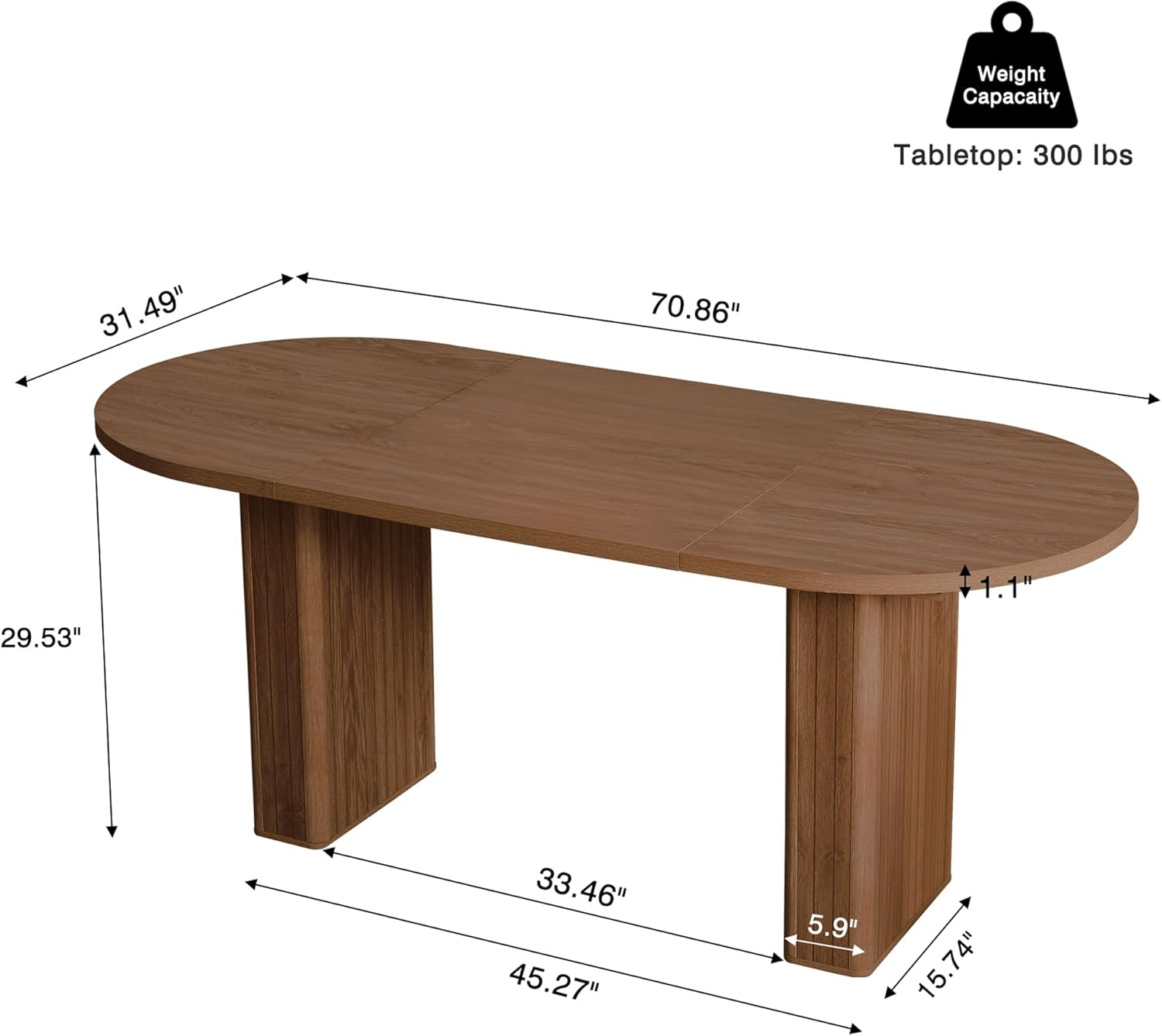 70.8 Inch Kitchen Dining Table for 6-8 People, Oval Kitchen Table with Wood Strip Base, Modern Farmhouse Large round Dining Room Tables for Kitchen Living Room (Walnut) image number 1