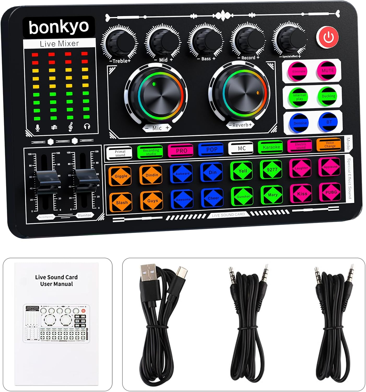 Bonkyo Professional Audio Mixer, F999 Live Sound Card with Dj Mixer for Streaming/Podcasting/Gaming, Professional Studio Equipment