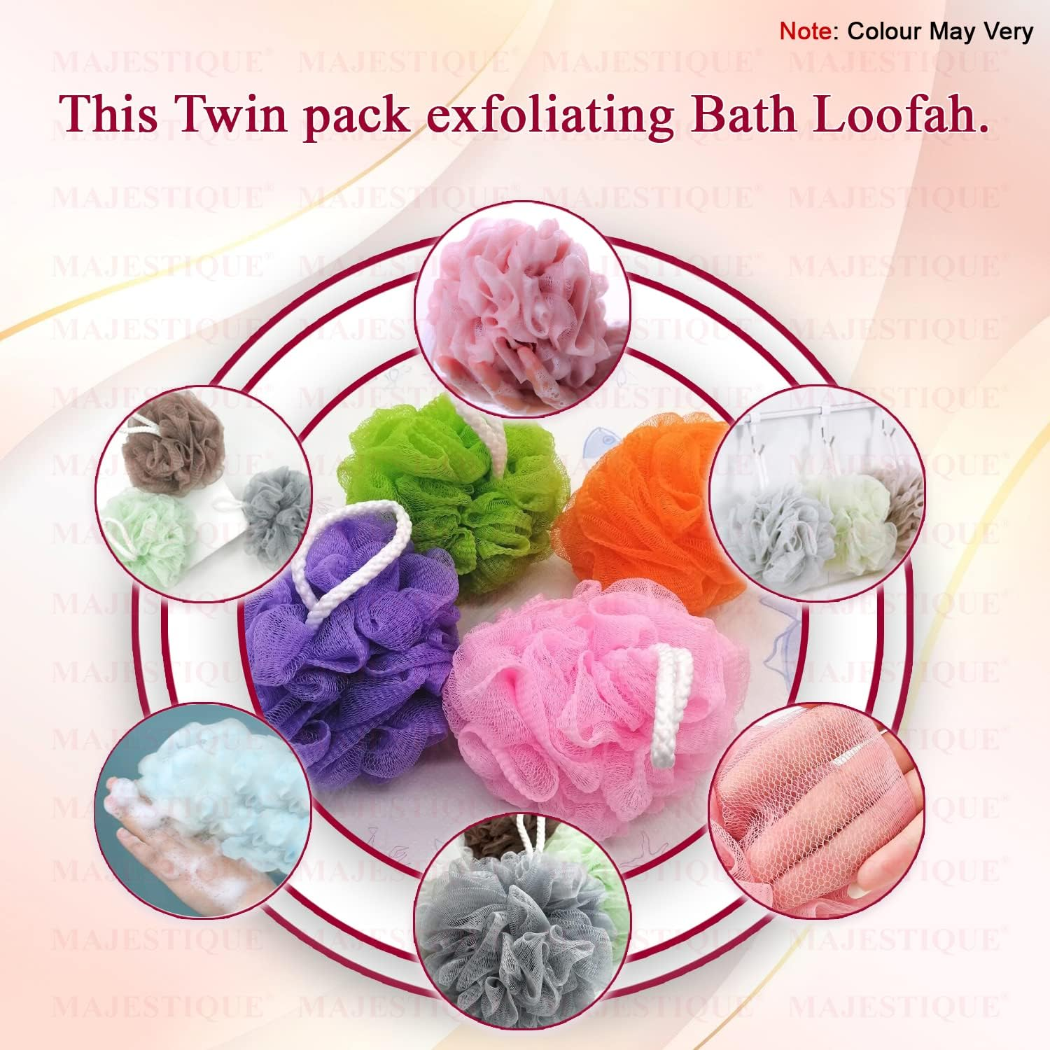 Majestique Twin Pack Exfoliating Bath Loofah Super Soft Mesh Exfoliating Back Scrubber Body Shower Sponge Random Colours Value Pack Best for Men and Women (Pack of 2) image number 4
