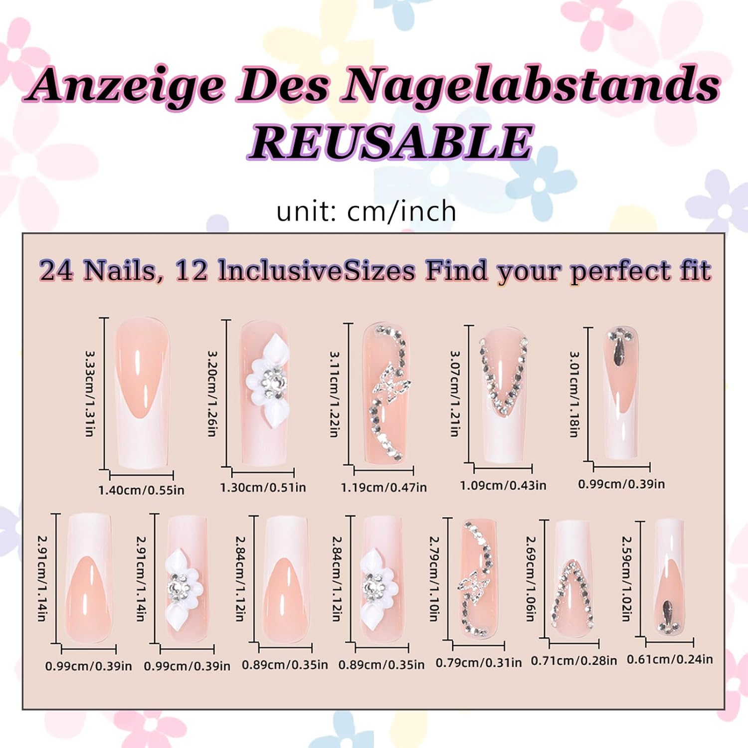 24 Pieces Long Ballerina White Fingernails for Sticking in French Nails - Press on Design with Rhinestones and Flowers, Acrylic Adhesive Fake Nail for Women Artificial Nails - Coffin False Nails image number 4