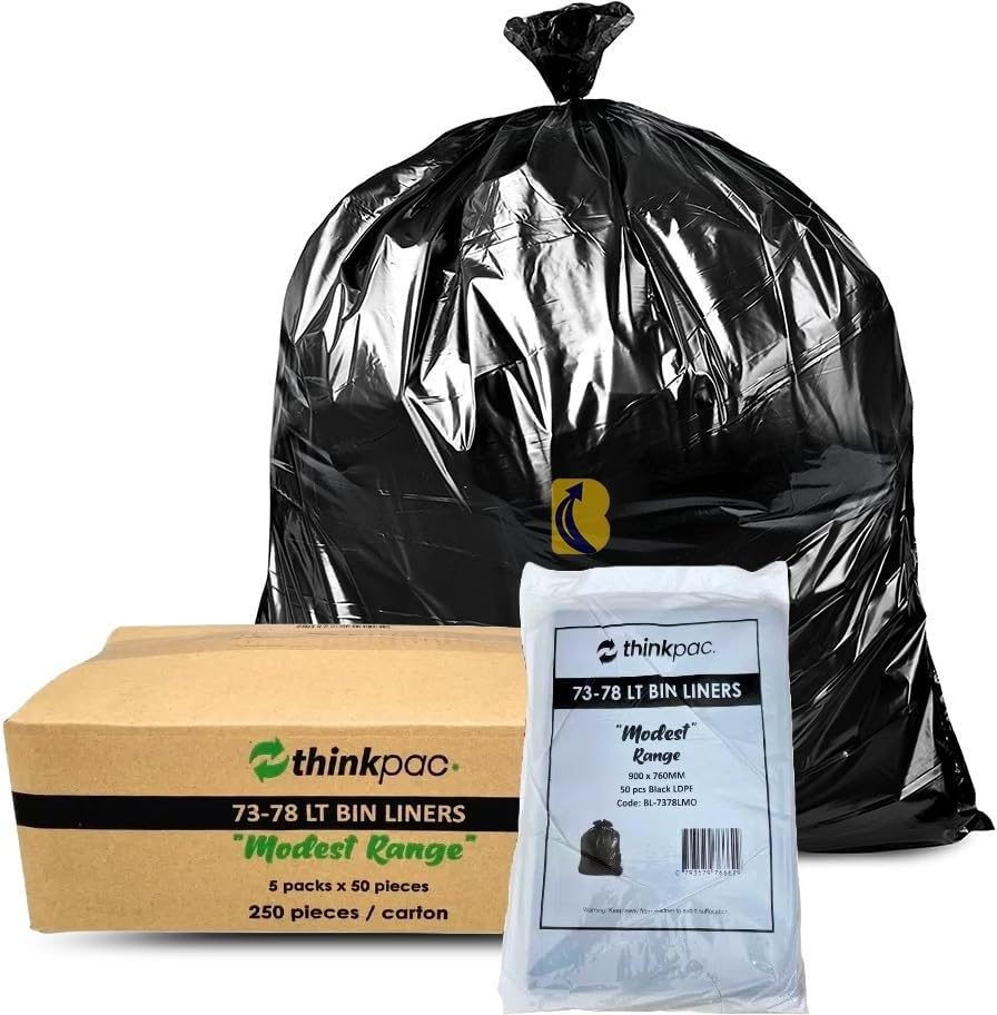 Garbage Bags 73-78L Carton of 250 - Black Rubbish Bin Liners 90 X 76 Cm - 16 Um Standard Thickness - Waste Bags for Offices, Commercial Spaces, Household & Cleaning image number 1