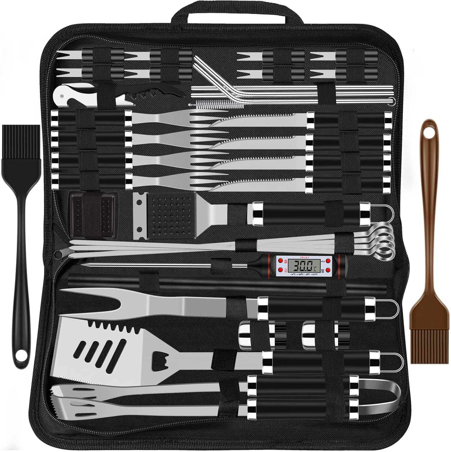 38-Piece BBQ Barbecue Cutlery Set Stainless Steel Barbecue Accessories for Men Gift Birthday High-Quality Barbecue Utensils Set Case with Grill Case and Grill Mat for Garden and Camping