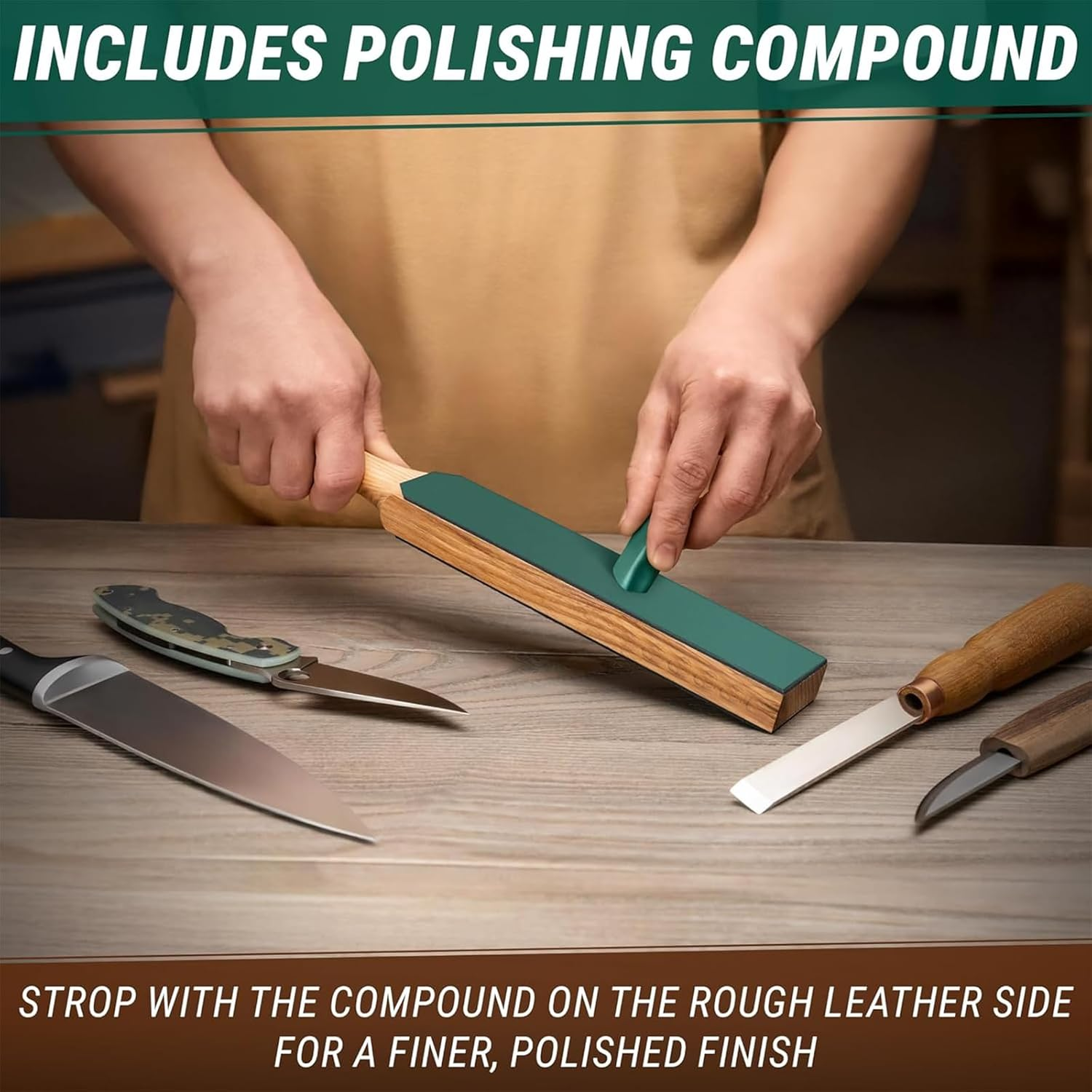 Yeanifeana Double Sided Leather Strop Paddle Kit with Premium Polishing Compound, 2-Sided Professional Stropping Kit for Knife Sharpening, Wood Carving & Woodworking Tools