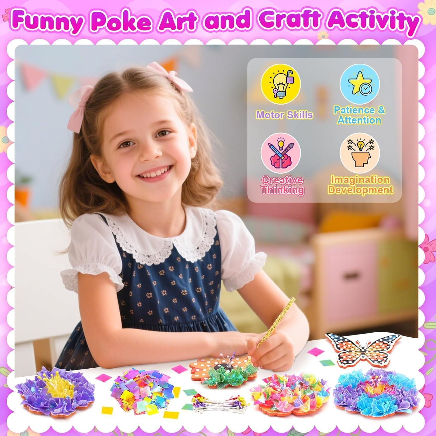 Poke-In Art Flower Bouquet Craft Kit for Girls Ages 4-12, DIY Creative Activity with 8 Flowers, 2 Butterflies & Wooden Vase, Mess-Free Kids Arts and Crafts, Birthday Gift Toys for 4 5 6 7 8 9 Year Old image number 4