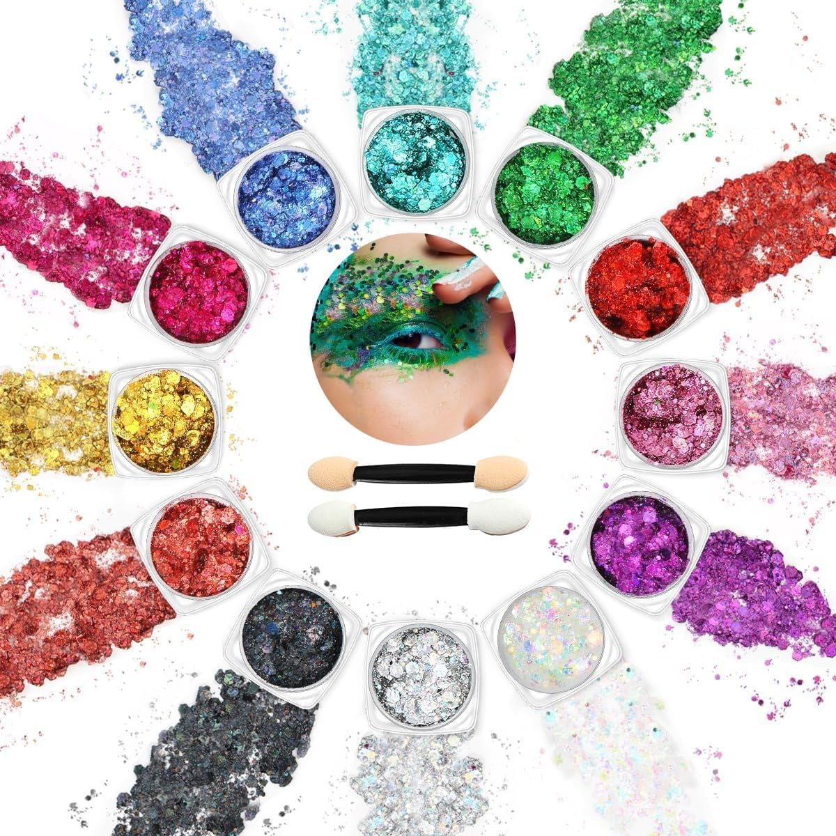 Face & Body Glitter Gel, 6 Shapes Festival Makeup Glitter, Chunky for Face Hair Nails, Holographic Cosmetic Laser Powder Festival Makeup (White, Glitter Gel)