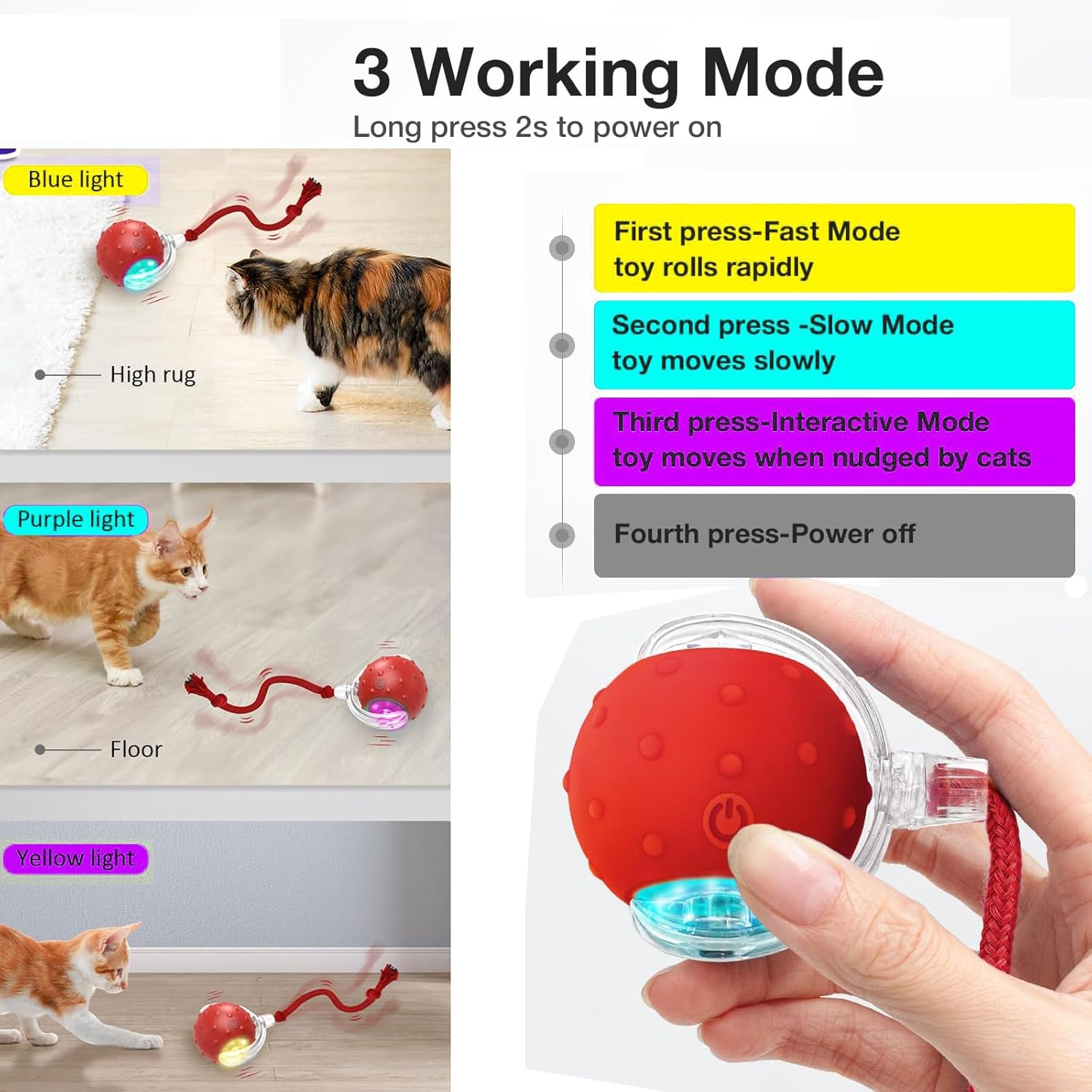 2-Pack Interactive Cat Toys Ball for Indoor Cats Fast Rolling on Carpet, Birds Chirping & Motion Activate Kitten Cat Toys (Blue & Red) image number 3