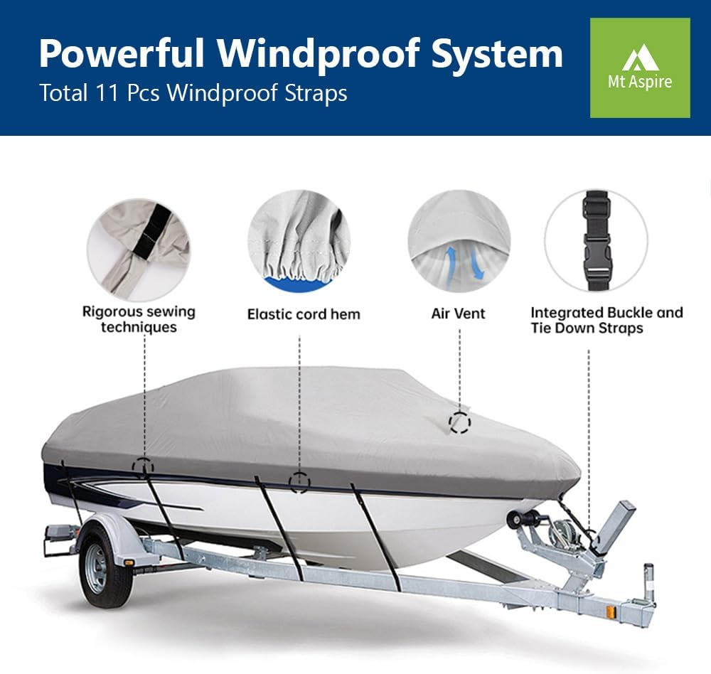 Mt Aspire 20-22 FT Trailerable Boat Cover Weatherproof UV Resistant Marine Grade Protection with 8 Adjustable Straps Heavy Duty Grey image number 3