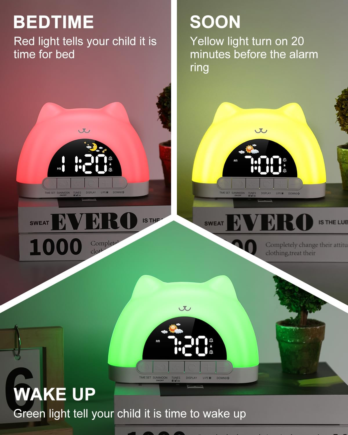 OQIMAX Kids Alarm Clock Cat Alarm Clock Bedside with 11 RGB Color Night Light Toddler Sleep Training Digital Clocks with 10 Alarm Sounds 5 Brightness Adjustment Plug-In OK to Wake Clock for Boys Girls image number 3