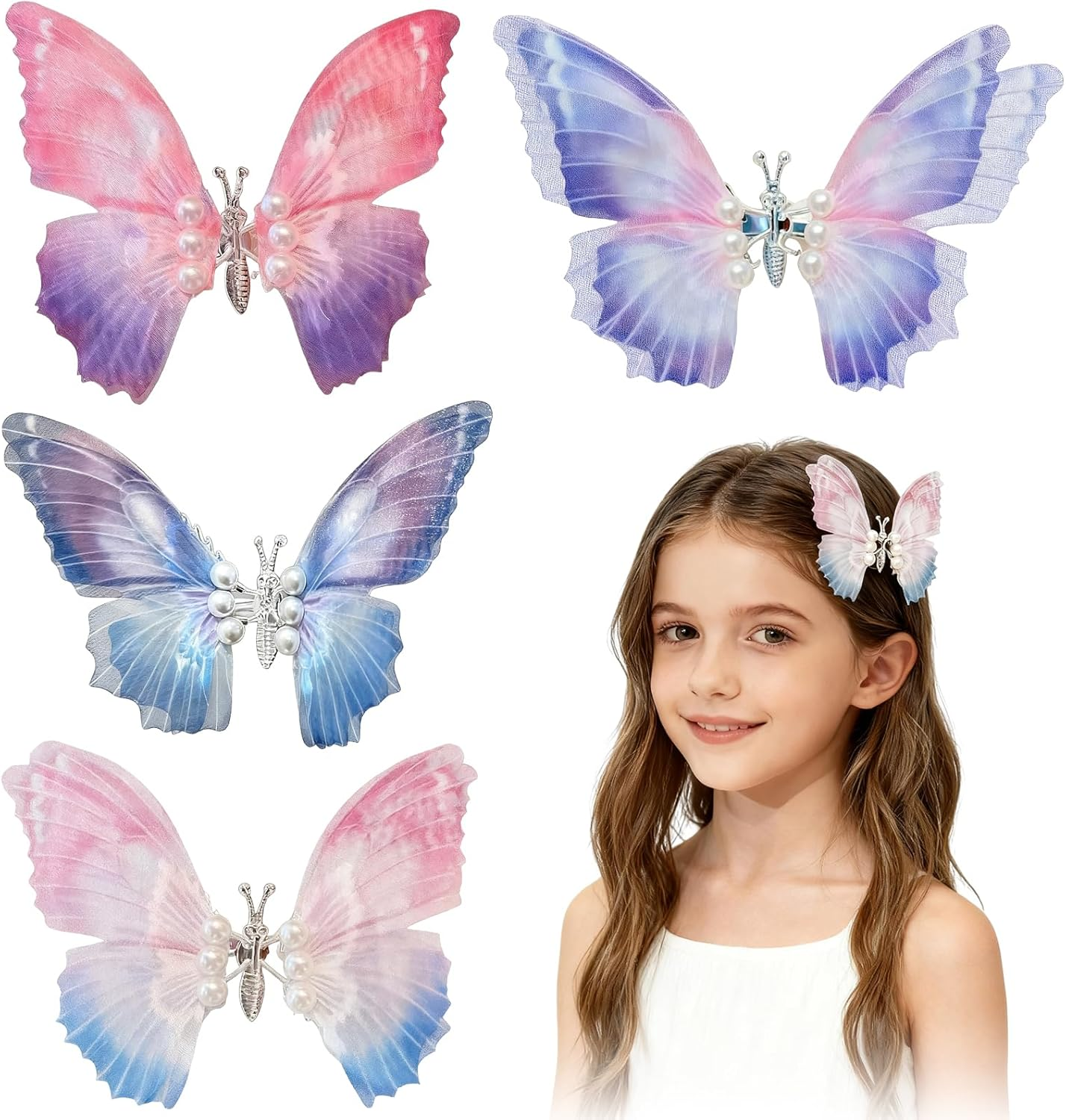 Set of 4 Butterfly Hair Clips Girls, 3D Butterfly Hair Accessories, Movable, Glitter Colour Gradient Hair Accessories, Women Children, Butterfly Hair Clip Decoration, Butterfly Clip Set for Bridal image number 6