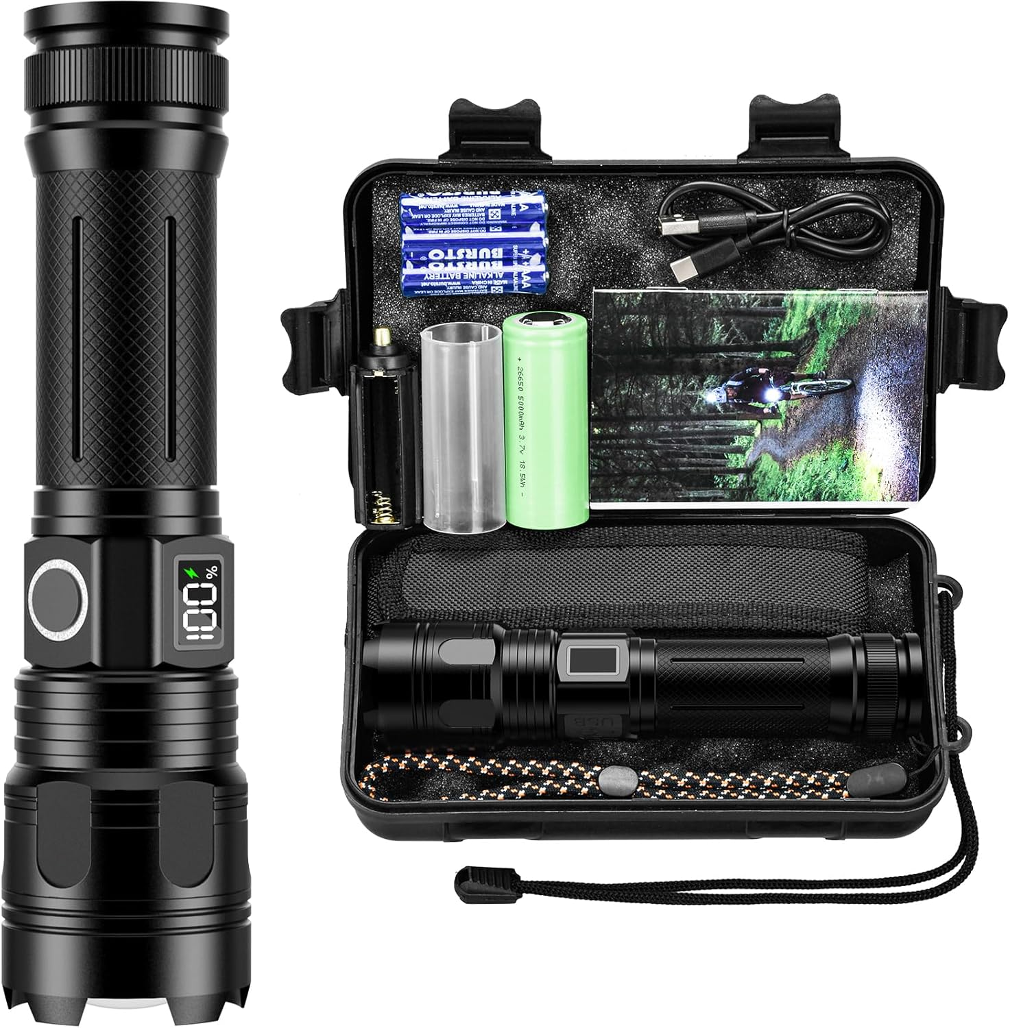 Professional Powerful LED Torch, 500000 Lumens, Rechargeable LED Flashlight with 5000 Mah Battery, Zoomable 5 Modes Military Torch, IP67 Waterproof Tactical Flashlight AK-01 (Black)