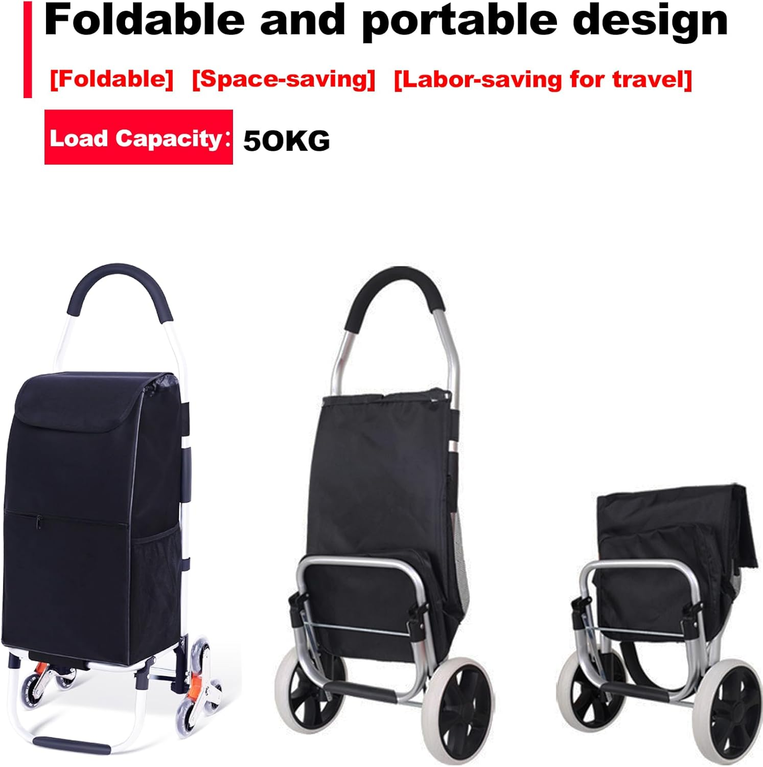 Shopping Trolley Cart, Foldable Rolling Dolly with 6 Climbing Stairs Wheels and Removable Bag for Groceries, Shopping, Camping, Laundry, 33 * 28 * 103Cm Black image number 4