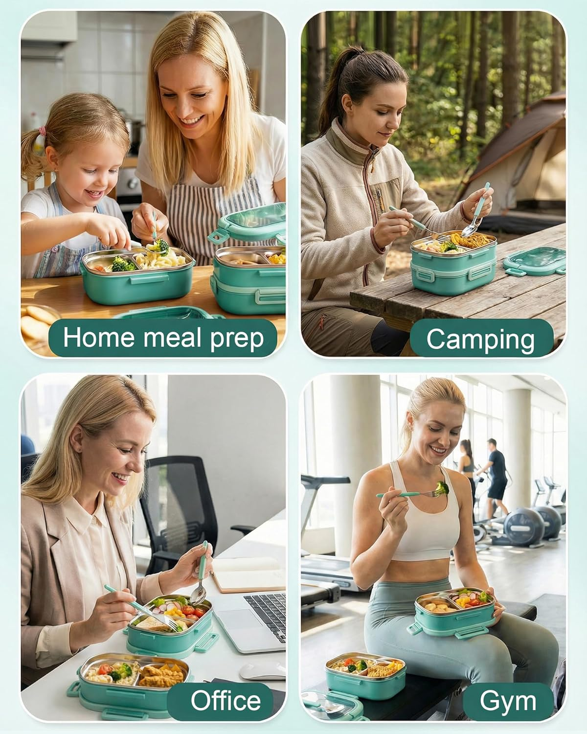 Lille Home Lunch Box, 2 Tier Bento Box with 4 Compartments 1650 ML Food Container with Cutlery Set, BPA Free, Leak-Proof(Green) image number 3