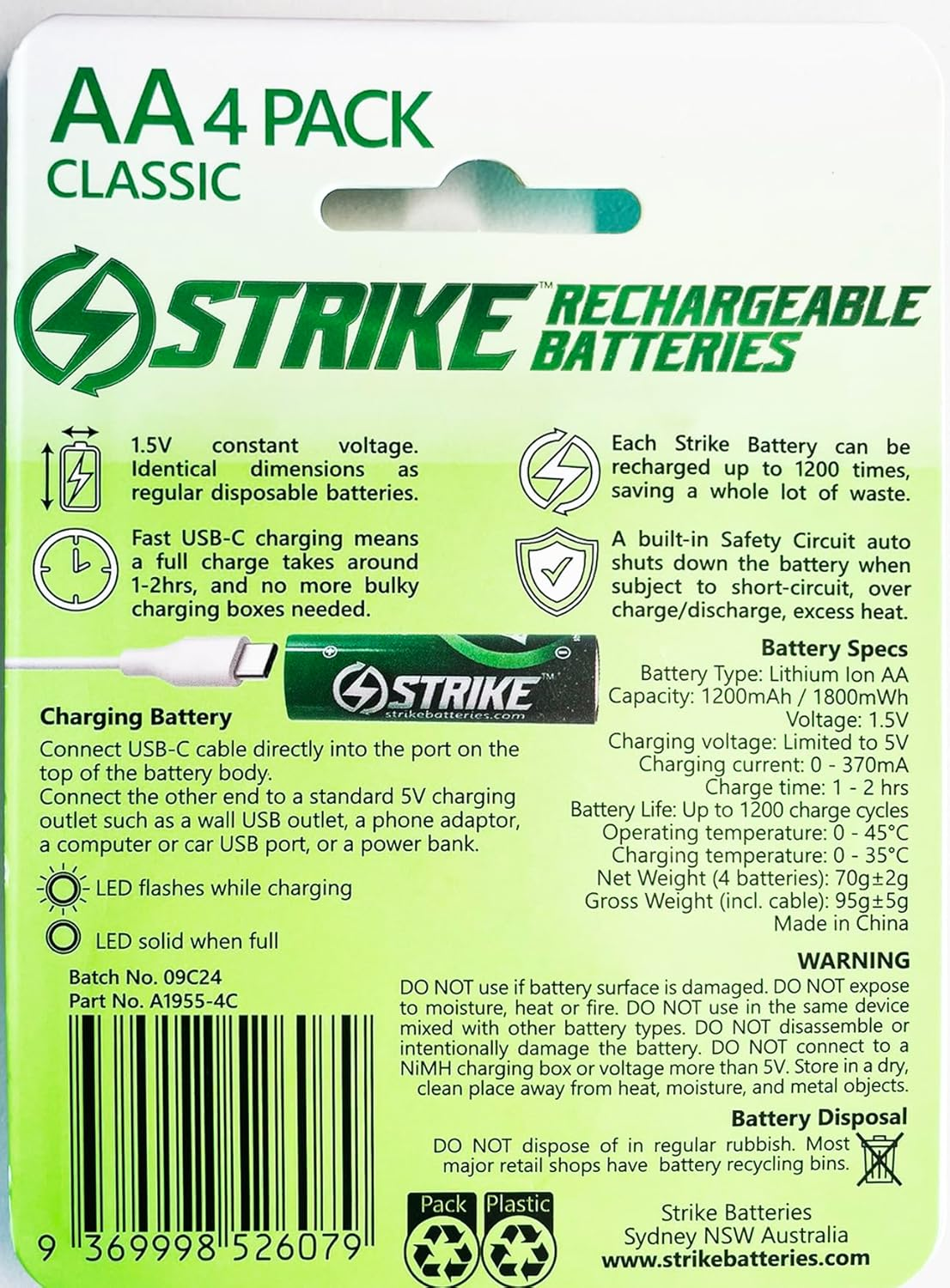 AA Classic Battery Lithium Ion 4 Pack Smart LED 1.5V 1800Mwh USB-C Rechargeable with Charging Cable, No Charging Box Needed! image number 4