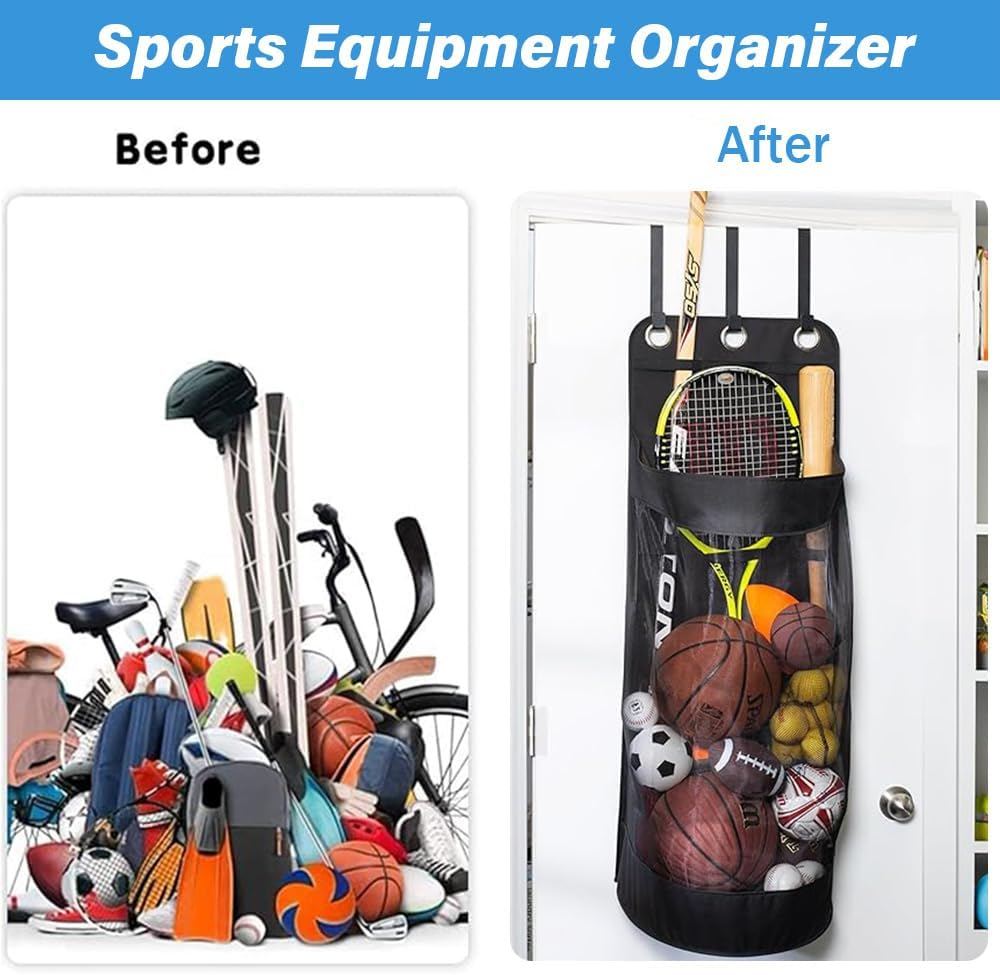 Hanging Hanging Sports Equipment Storage Bag, Black Mesh, Double Layer Oxford Cloth Storage Hanging Bag for Storing Footballs, Basketballs, Rugby and Other Sports Equipment. image number 5