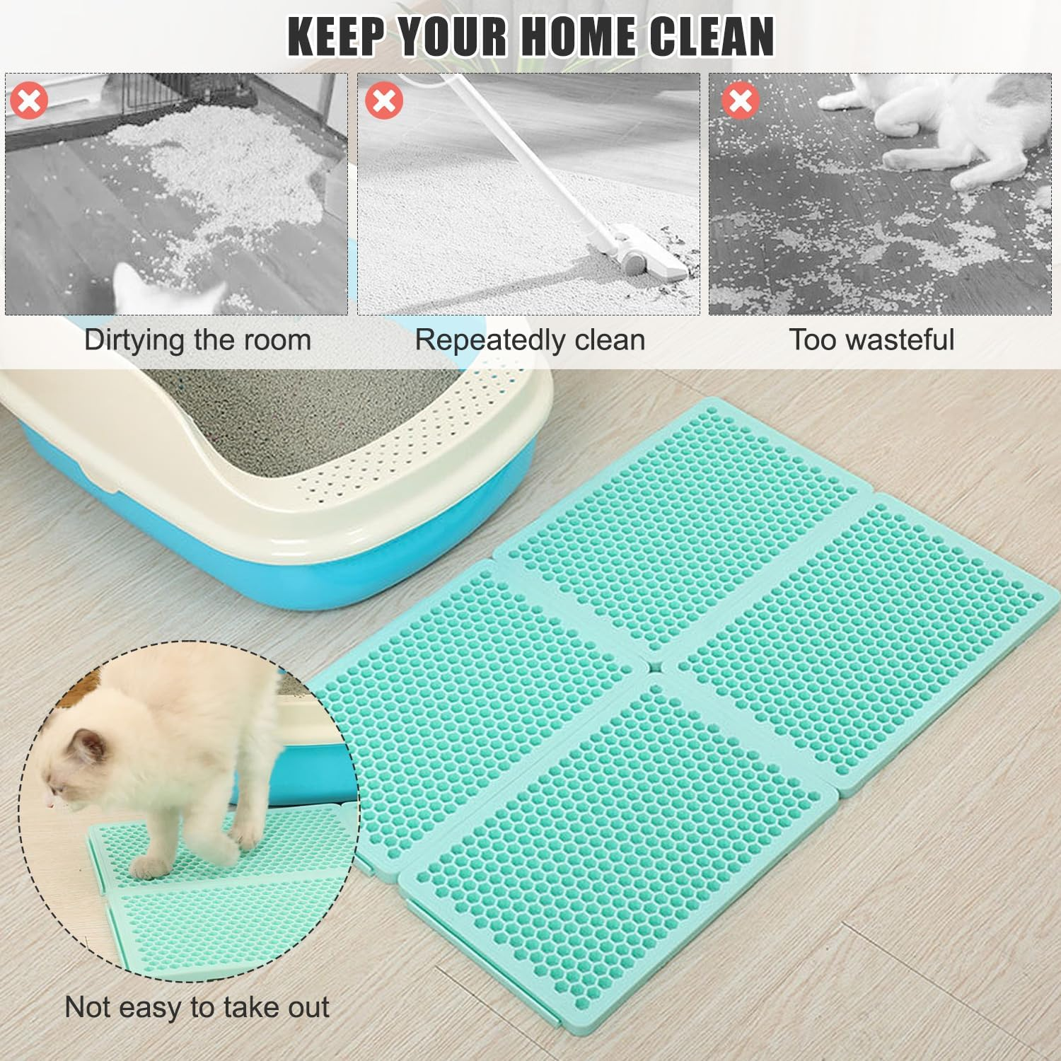 Cat Litter Tray Mat, Honeycomb Design, Cat Litter Tray Mat, Cat Litter Mat, Mat for under Cat Litter, Waterproof and Non-Slip, TPE, Blue, 1 Side Connected