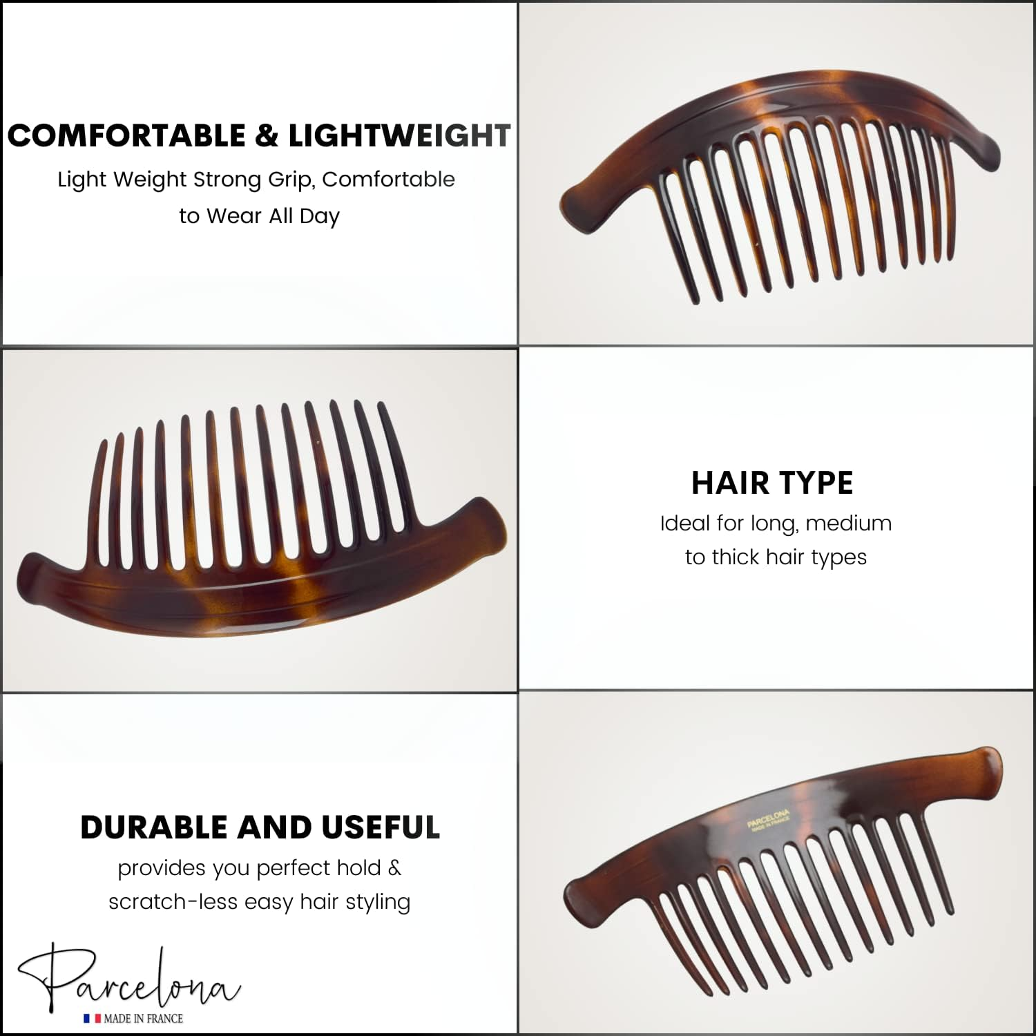 Parcelona France Arch Extra Large Tortoise Brown Shell 13 Teeth Interlocking Side Hair Comb Pair image number 6